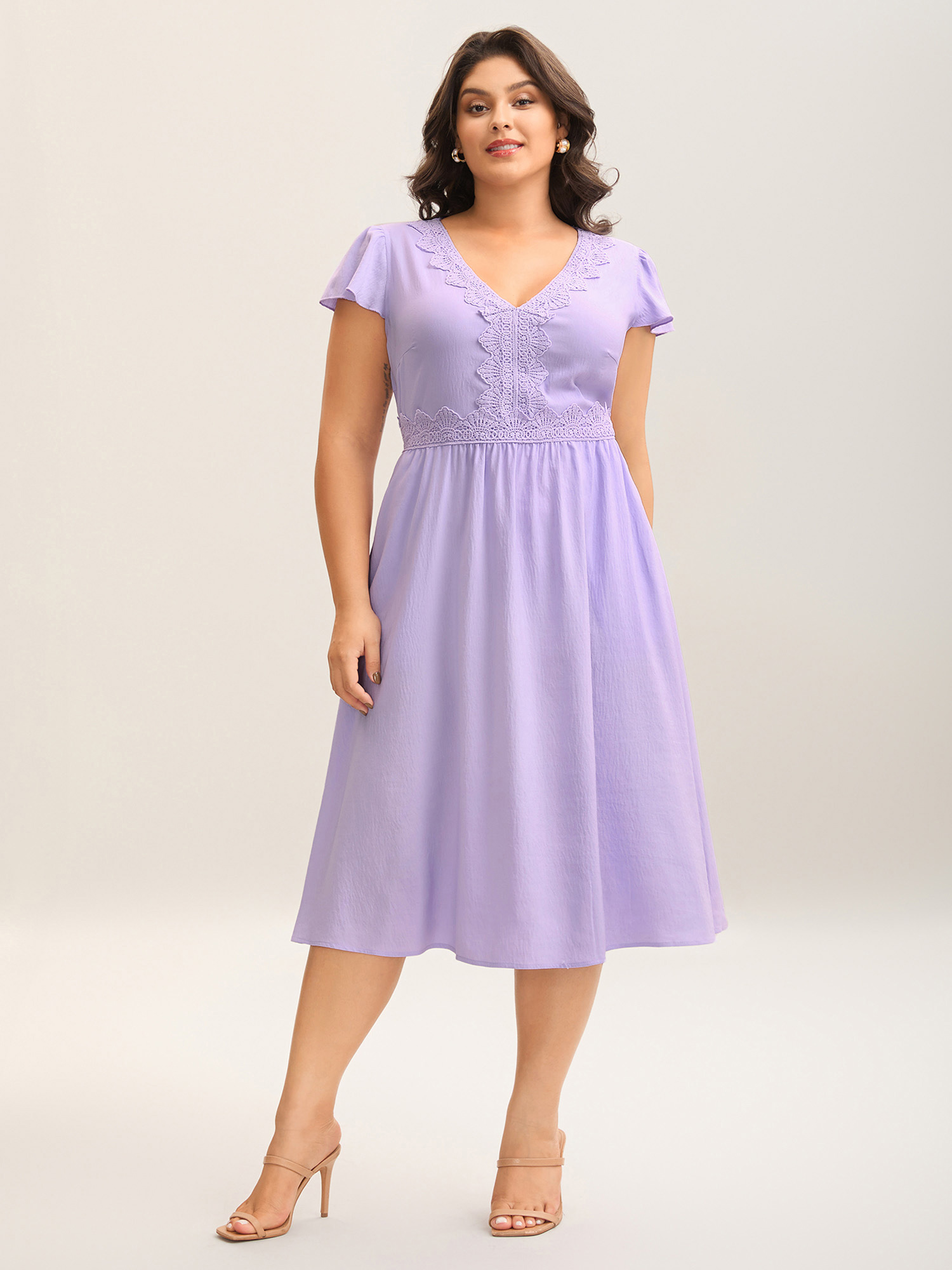 

Plus Size Lace Trim Flutter Sleeve Midi Dress Lavender Women V-neck Cap Sleeve Curvy BloomChic