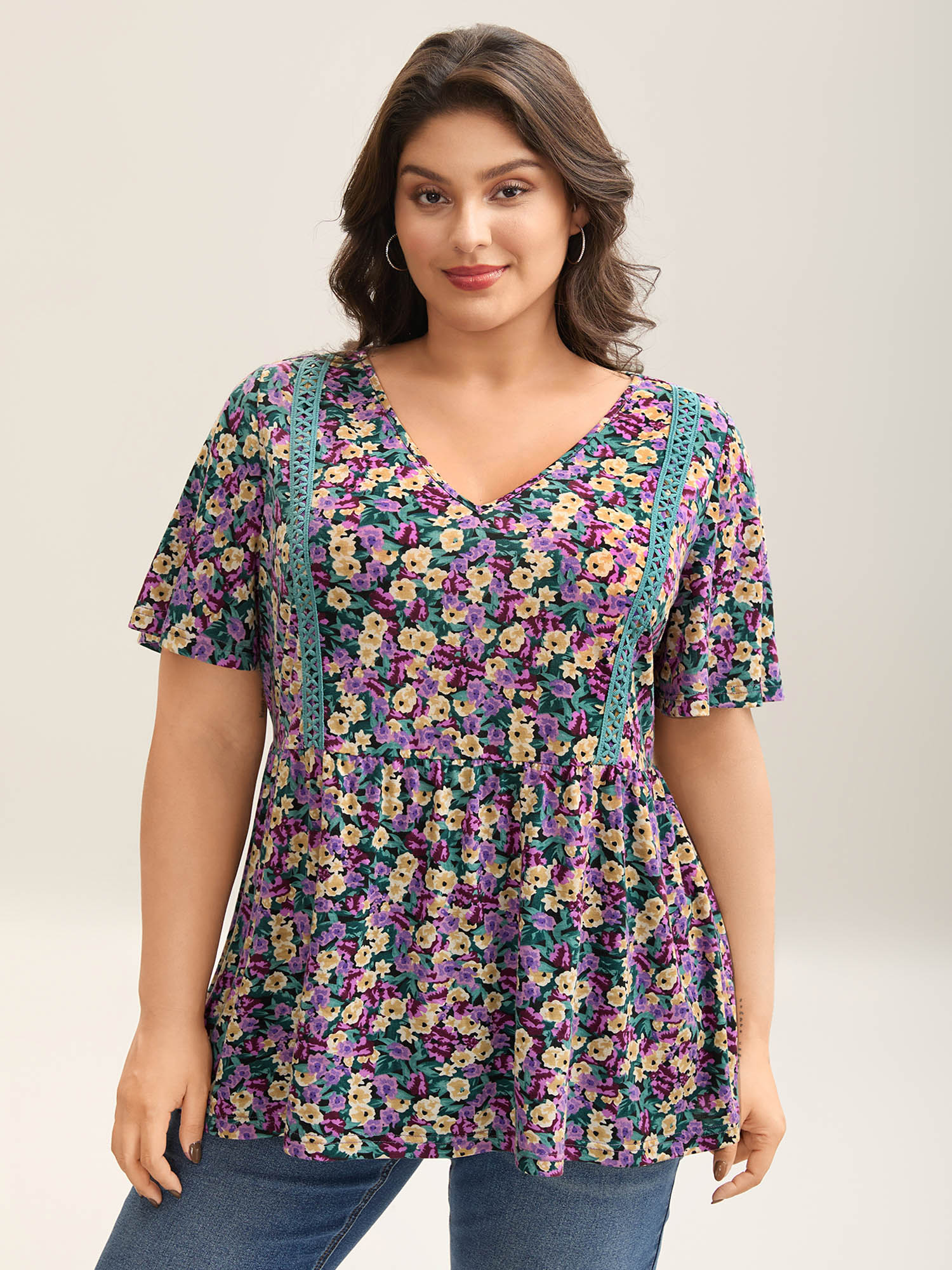 

Plus Size Floral Print Lace Trim Babydoll Top DarkViolet Women Woven ribbon&lace trim V-neck Everyday-Casual T-shirts BloomChic