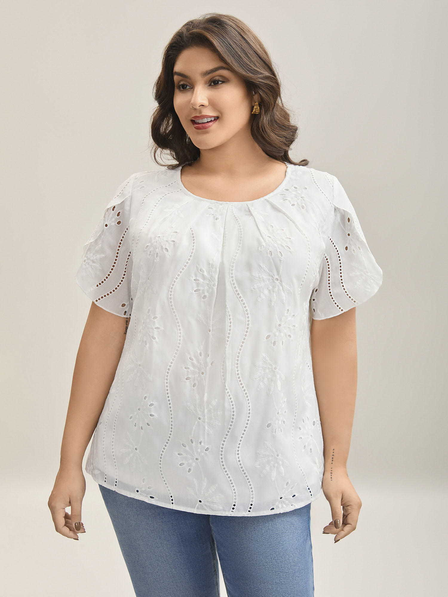 

Plus Size WhiteSmoke Embroidered Eyelet Trim Pleated Shirt Women Short sleeve Round Neck Everyday-Elegant Blouses BloomChic