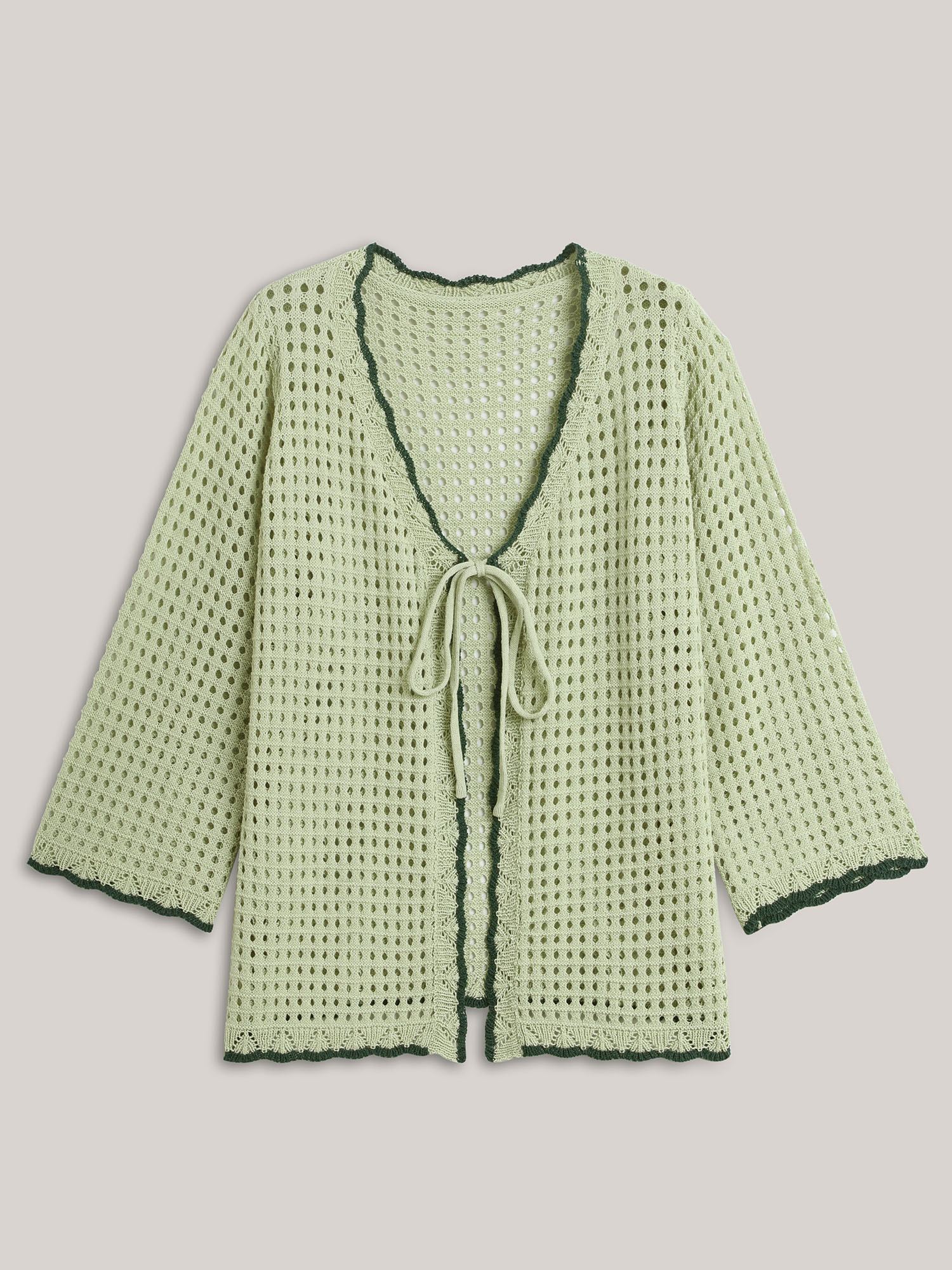 

Plus Size Contrast Hem Front Mid Tie Knit Cardigan LightGreen Women Casual Loose Long Sleeve Everyday-Casual Cardigans BloomChic