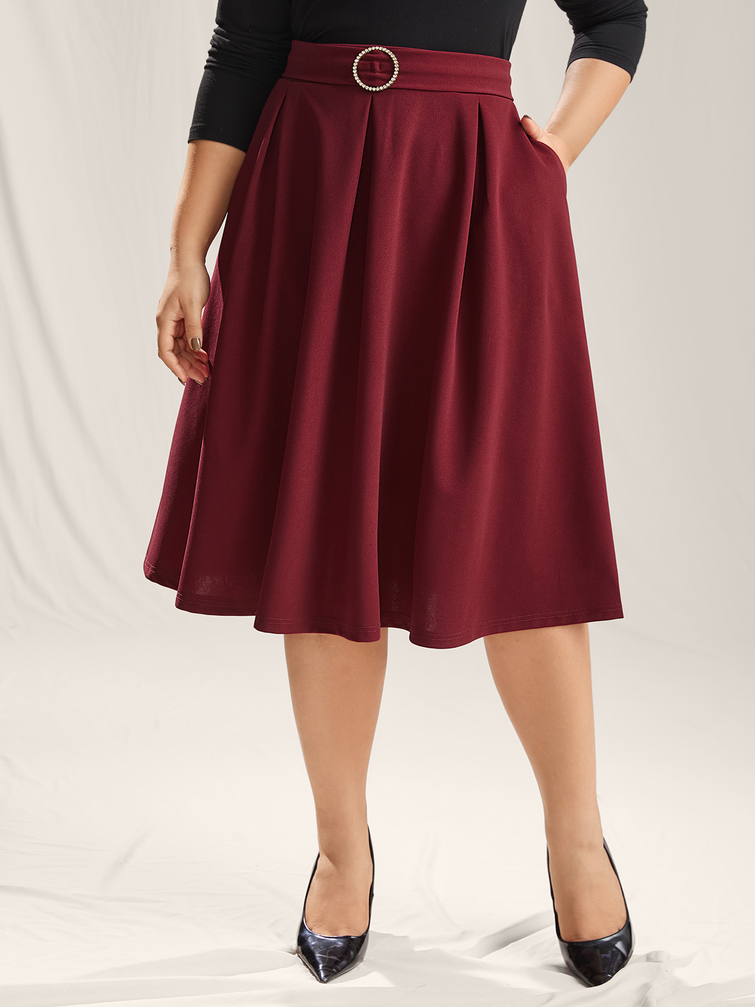 

Plus Size Buckle Detail Pleated Midi Skirt Women Burgundy Formal Belted Low stretch Slanted pocket Belt Party Skirts BloomChic