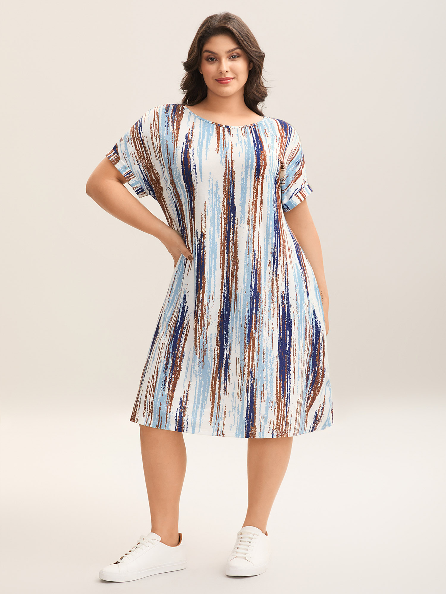 

Plus Size Abstract Stripes Dolman Sleeve Midi Dress Multicolor Women Knit Dresses Bloomchic