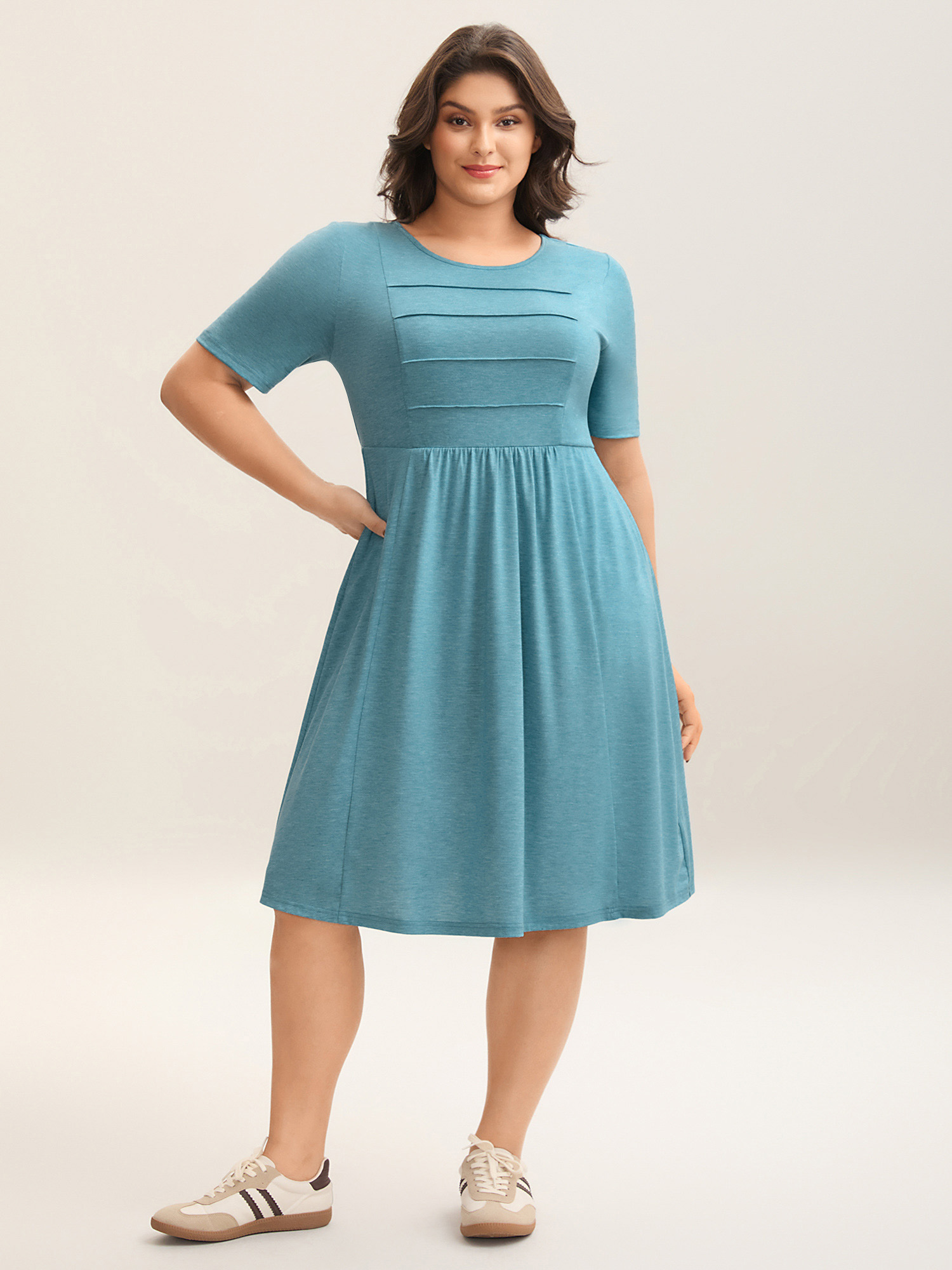 

Plus Size Seam Bodice Heather Knit Plain Midi Dress Cerulean Women Knit Dresses Bloomchic