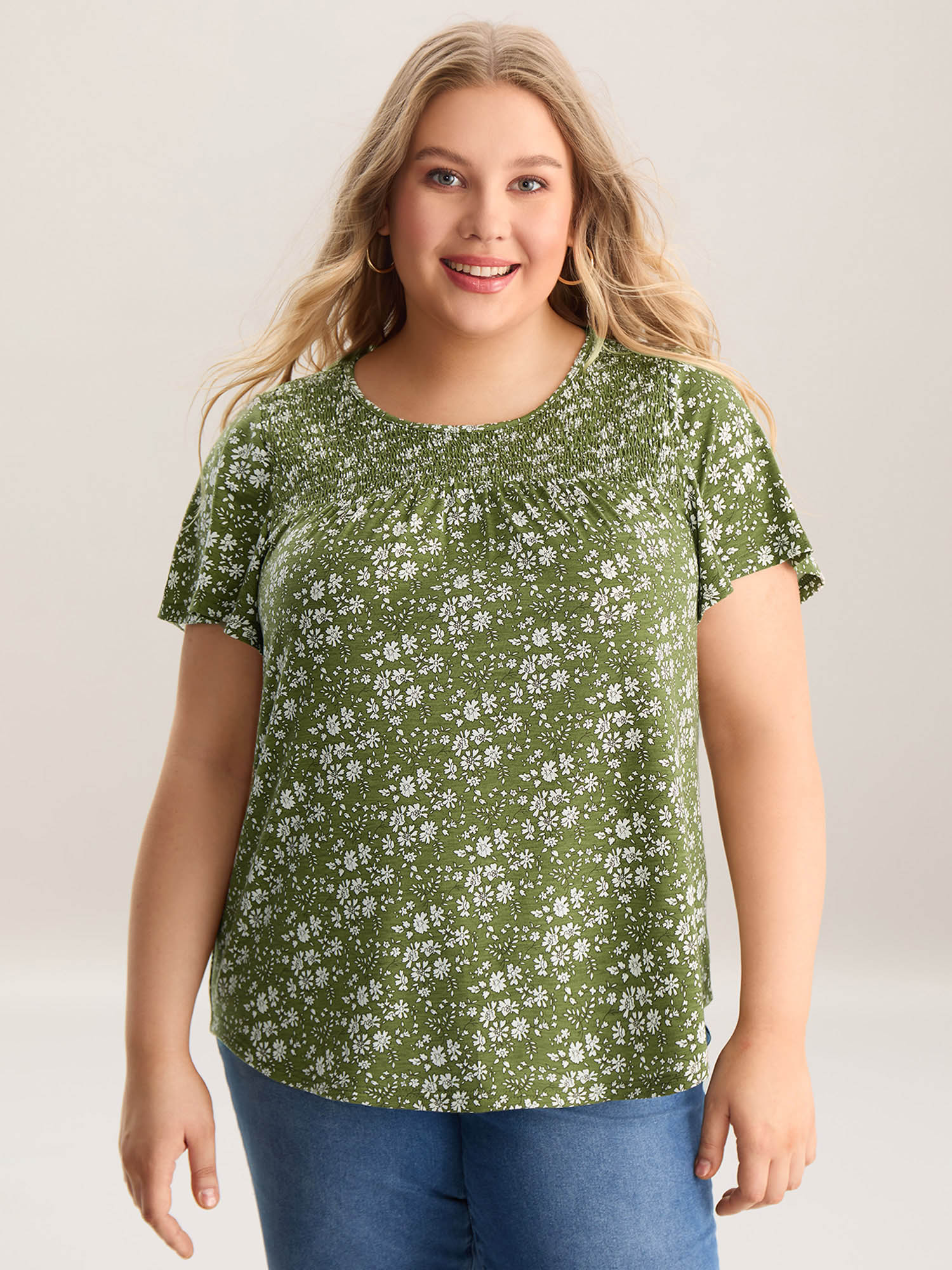 

Plus Size Floral Print Shirred Neck T-Shirt Moss Women Gathered Round Neck Everyday-Casual T-shirts BloomChic