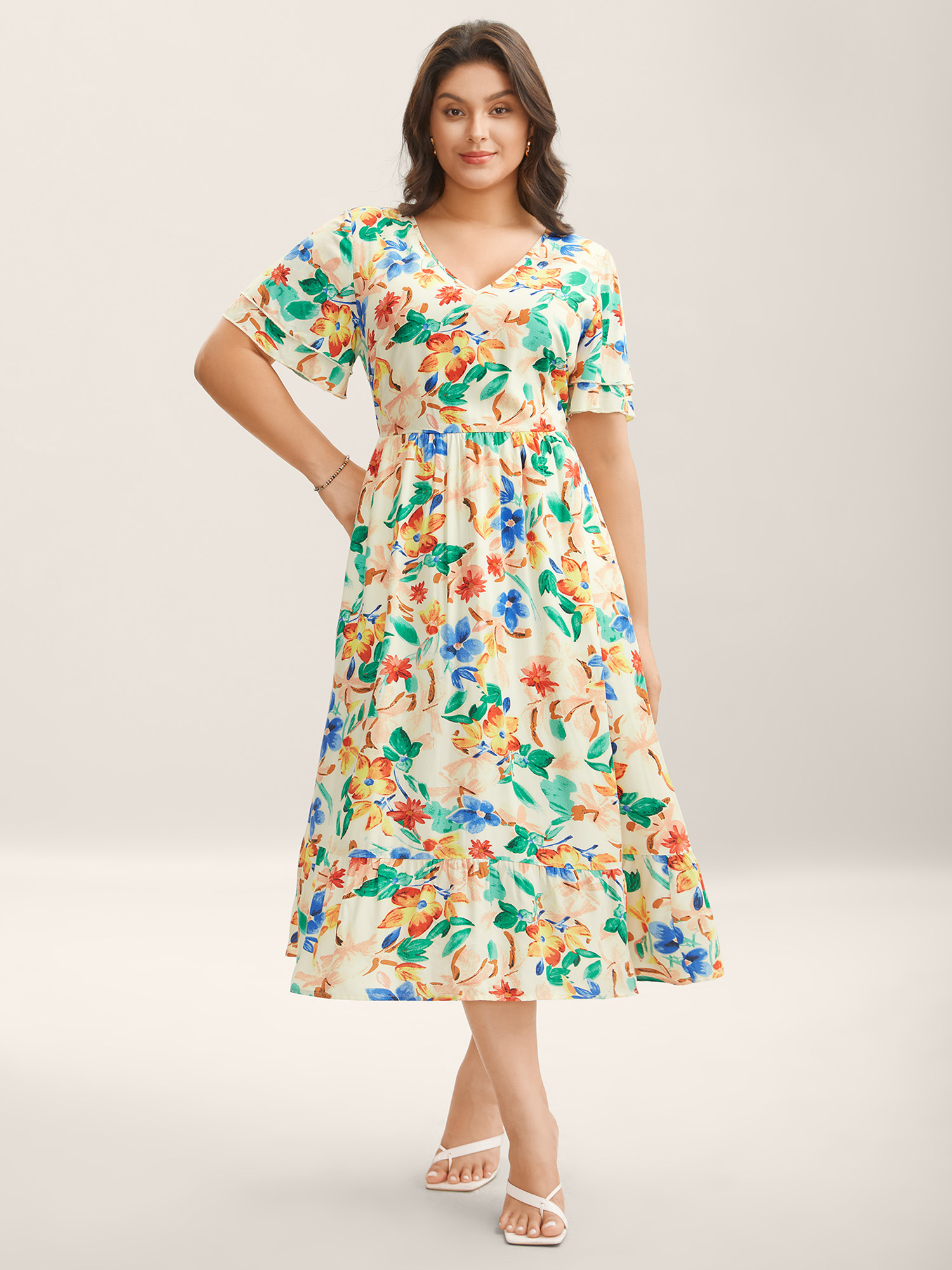 

Plus Size Sunkissed Florals Pockets Midi Dress Apricot Women V-neck Short sleeve Curvy BloomChic