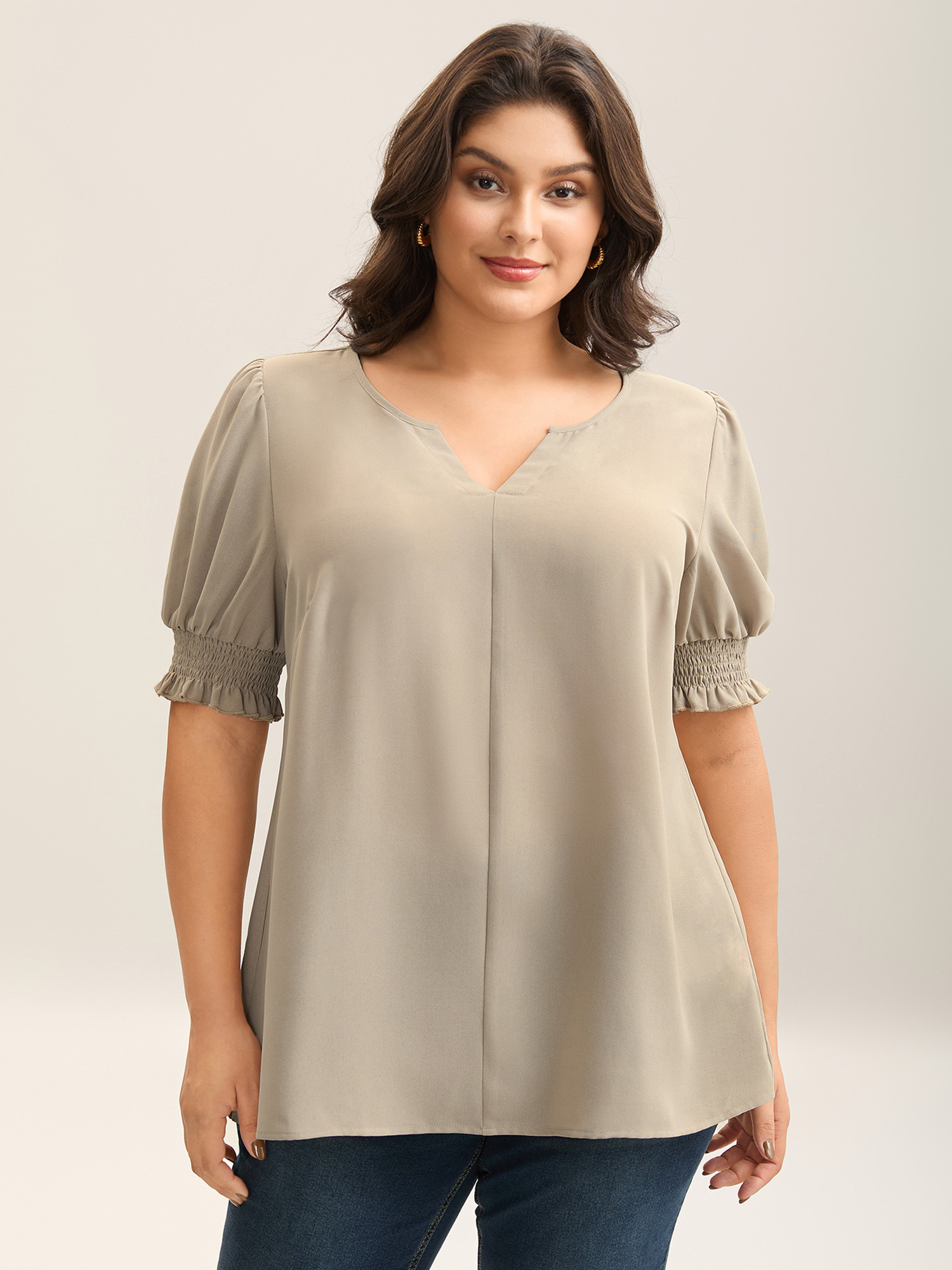 

Plus Size Champagne Shirred Puff Sleeve Split Neck Shirt Women Half Sleeve Notched collar Work Blouses BloomChic