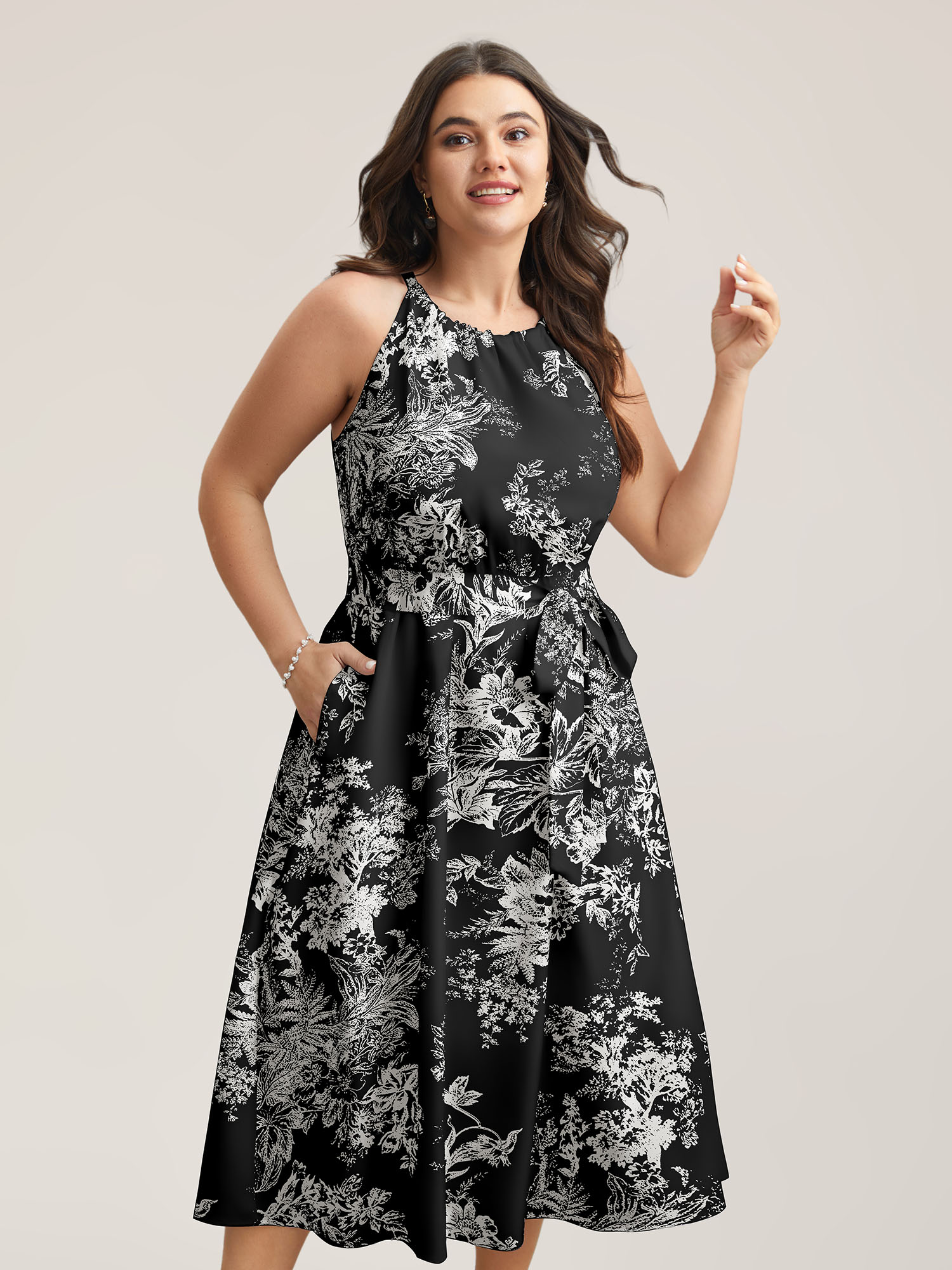 

Plus Size Spring Time Florals Sleeveless Midi Dress Black Women Elegant Gathered Halter neck Sleeveless Curvy BloomChic