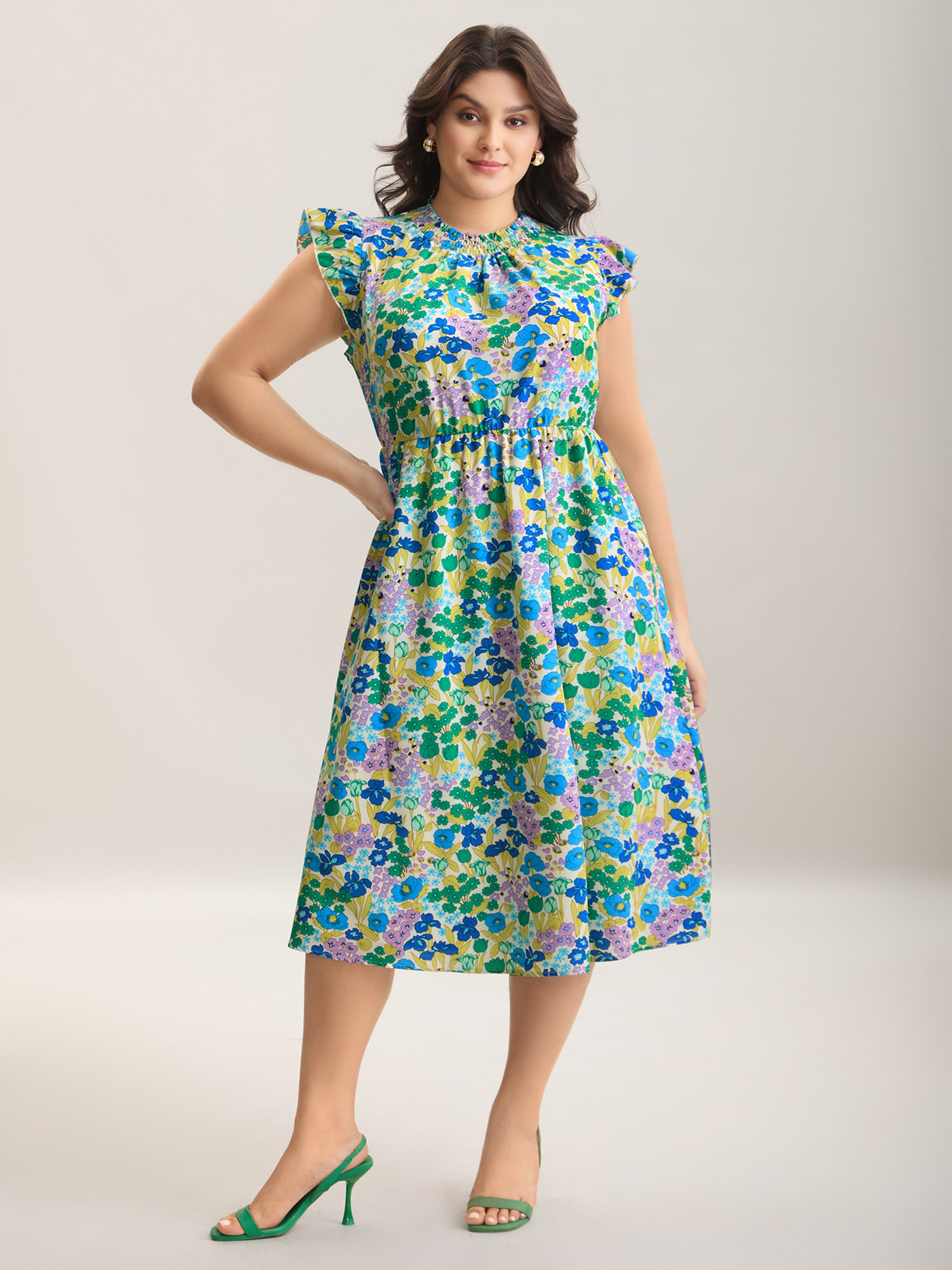 

Plus Size Floral Print Shirred Pockets Midi Dress Cerulean Women Elegant Frill Trim Mock Neck Cap Sleeve Curvy BloomChic