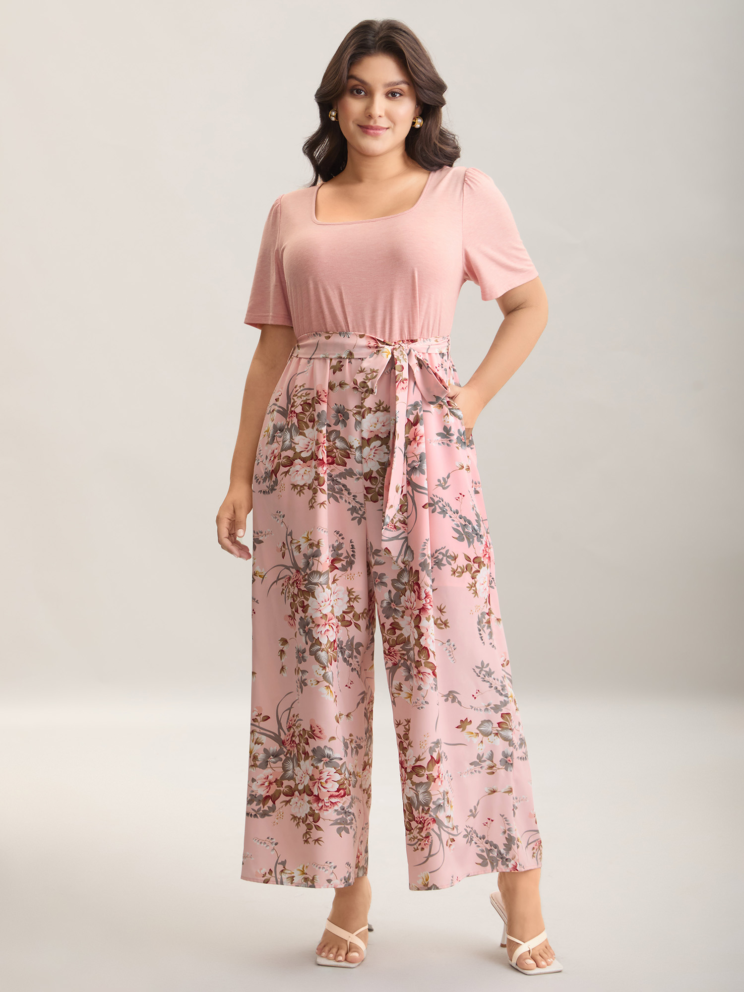 

Plus Size Lightpink Color Contrast Belted Panel Pockets Jumpsuit Women Elegant Short sleeve Square Neck Everyday-Elegant Loose Jumpsuits BloomChic