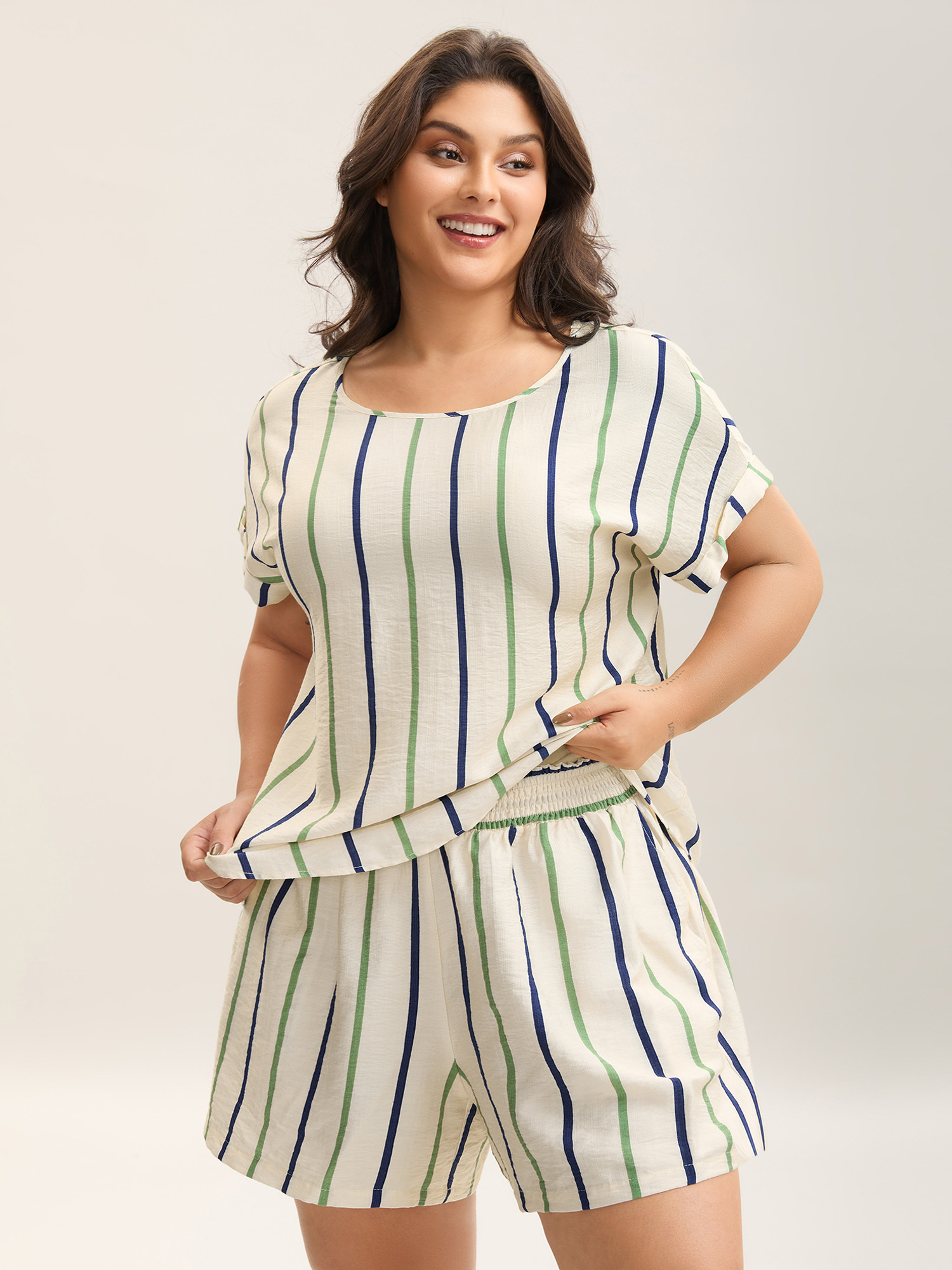 Plus Size Colorful Stripes Flowy Loungewear Set Women Multicolor Roll Hem Short sleeve Boat Neck Loungewear Sets BloomChic 10/M