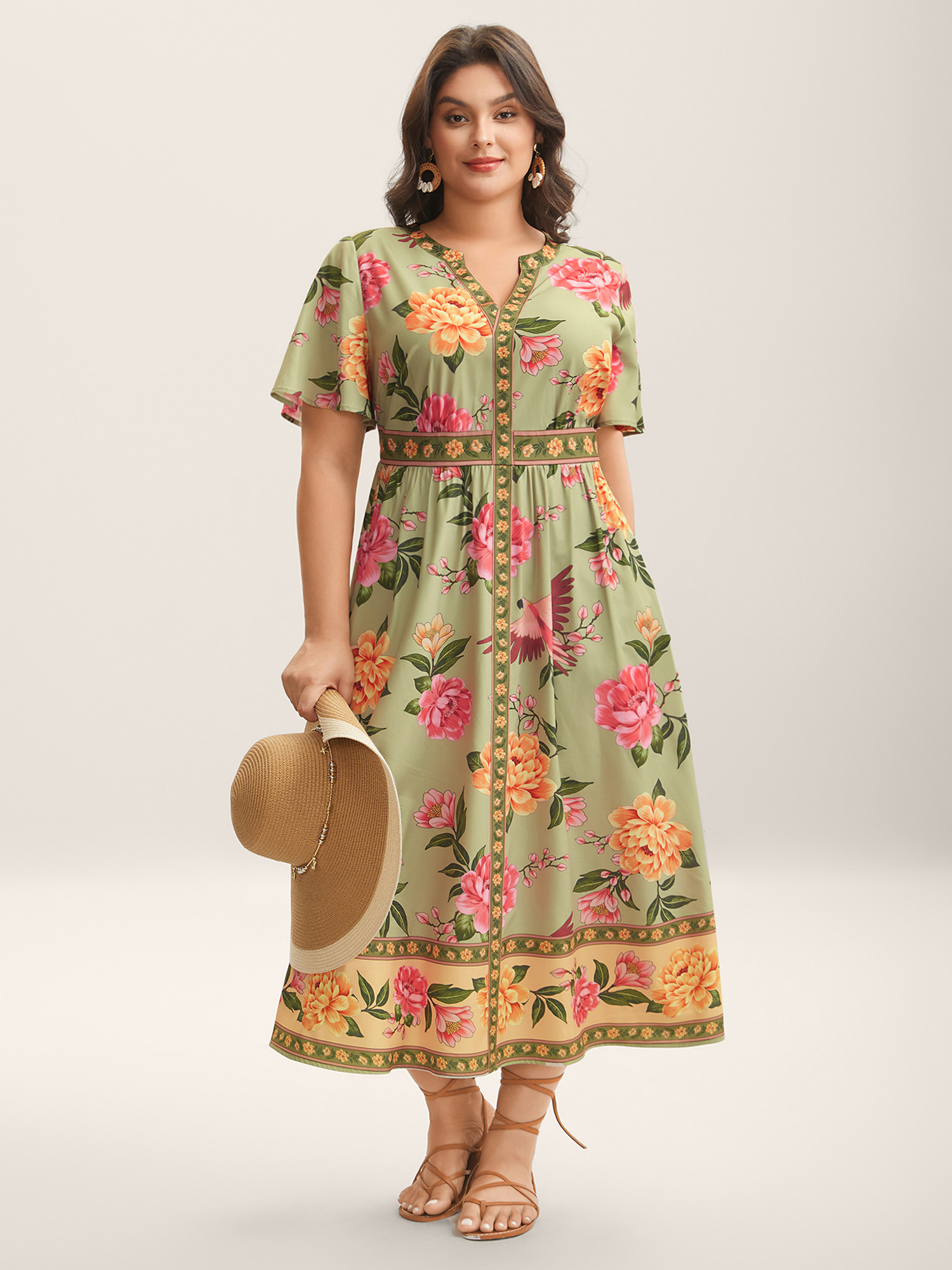 BloomChic Women's Plus Size Floral Contrast Hem Split Neck Midi Dress Sage Floral Midi Vacation Ruched 14-16/1X
