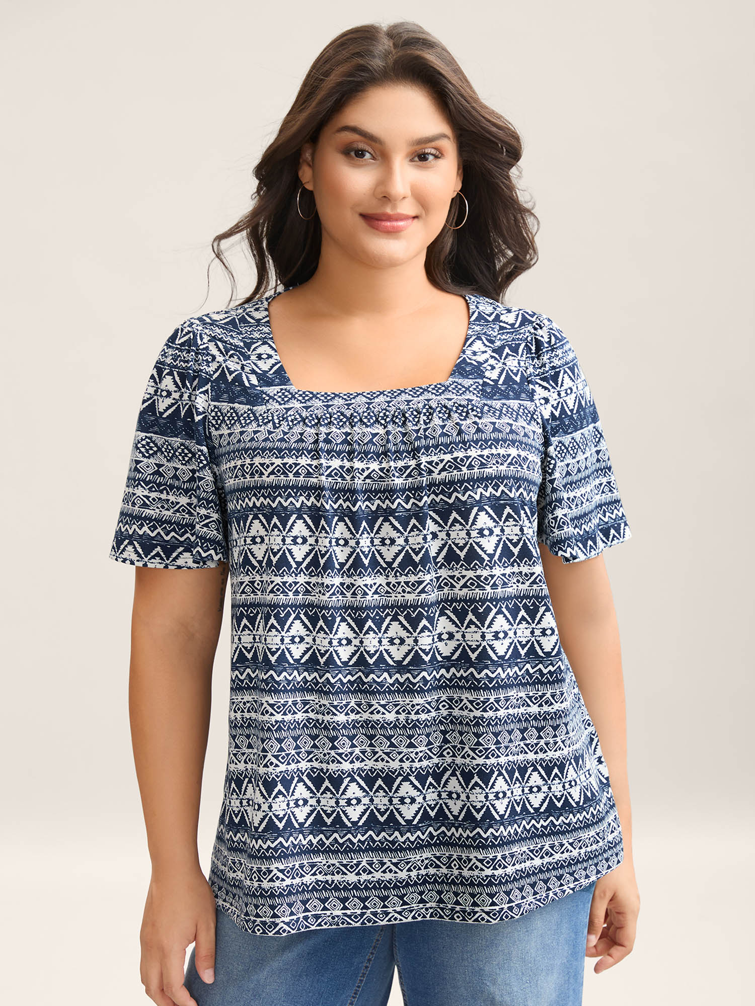 BloomChic Women's Plus Size Boho Print Square Neck T-Shirt Indigo Graphic Vacation Short sleeve Square Neck 28/5X