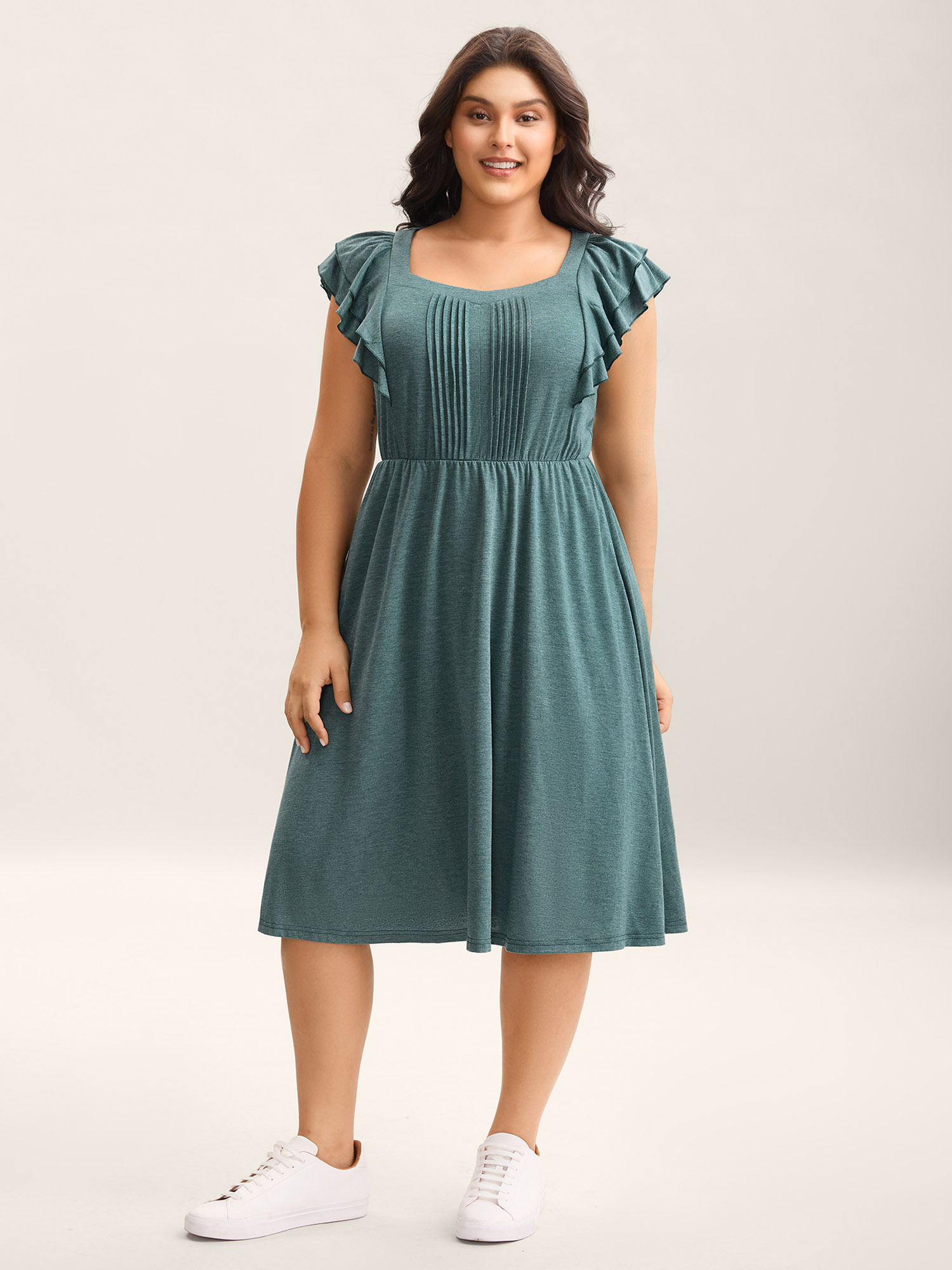 Bloomchic Stretchy Flutter Sleeve Pleated Midi Dress In Teal