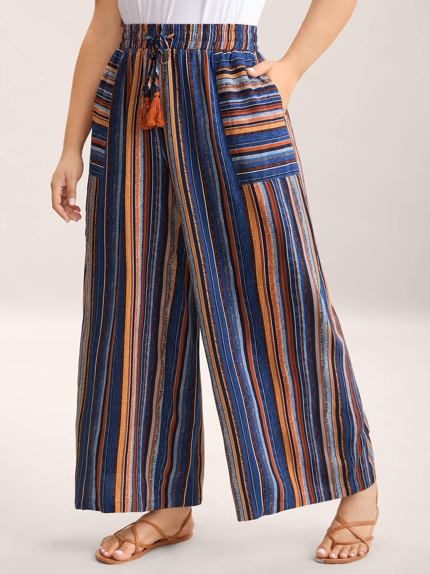 BloomChic Women's Plus Size Boho Stripes Drawstring Wide-Leg Pants Multicolor Stripes Wide leg Mid Rise 10/M