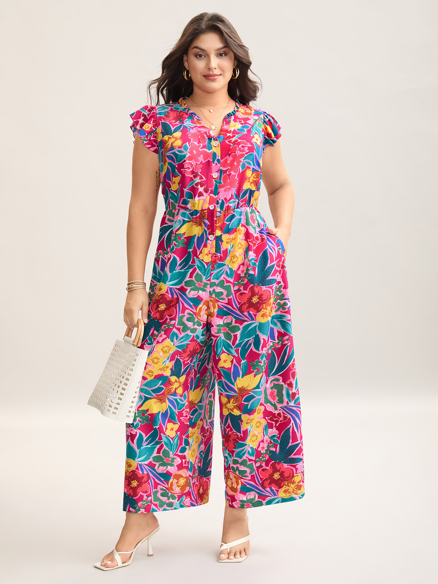 BloomChic Women's Plus Size Sunkissed Floral Print Button Wide-Leg Jumpsuit RedViolet Vacation 30/6X