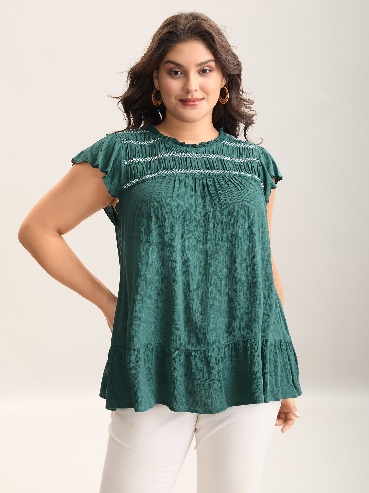 Bloomchic Women's Plus Size Rayon Shirred Neck Flutter Sleeve Tiered Blouse Teal Non Vacation Cap Sleeve 18-20 In Blue