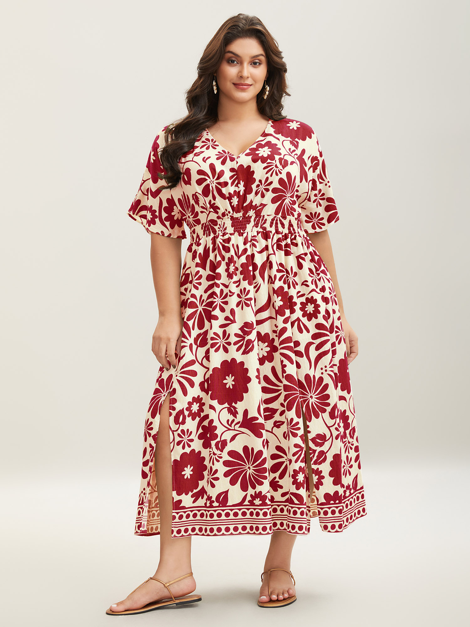BloomChic Plus Size Large Floral Print Pockets Midi Dress - Curve Ladies Burgundy Resort Short sleeve Botanical Side seam pocket Daily Dresses 14/M