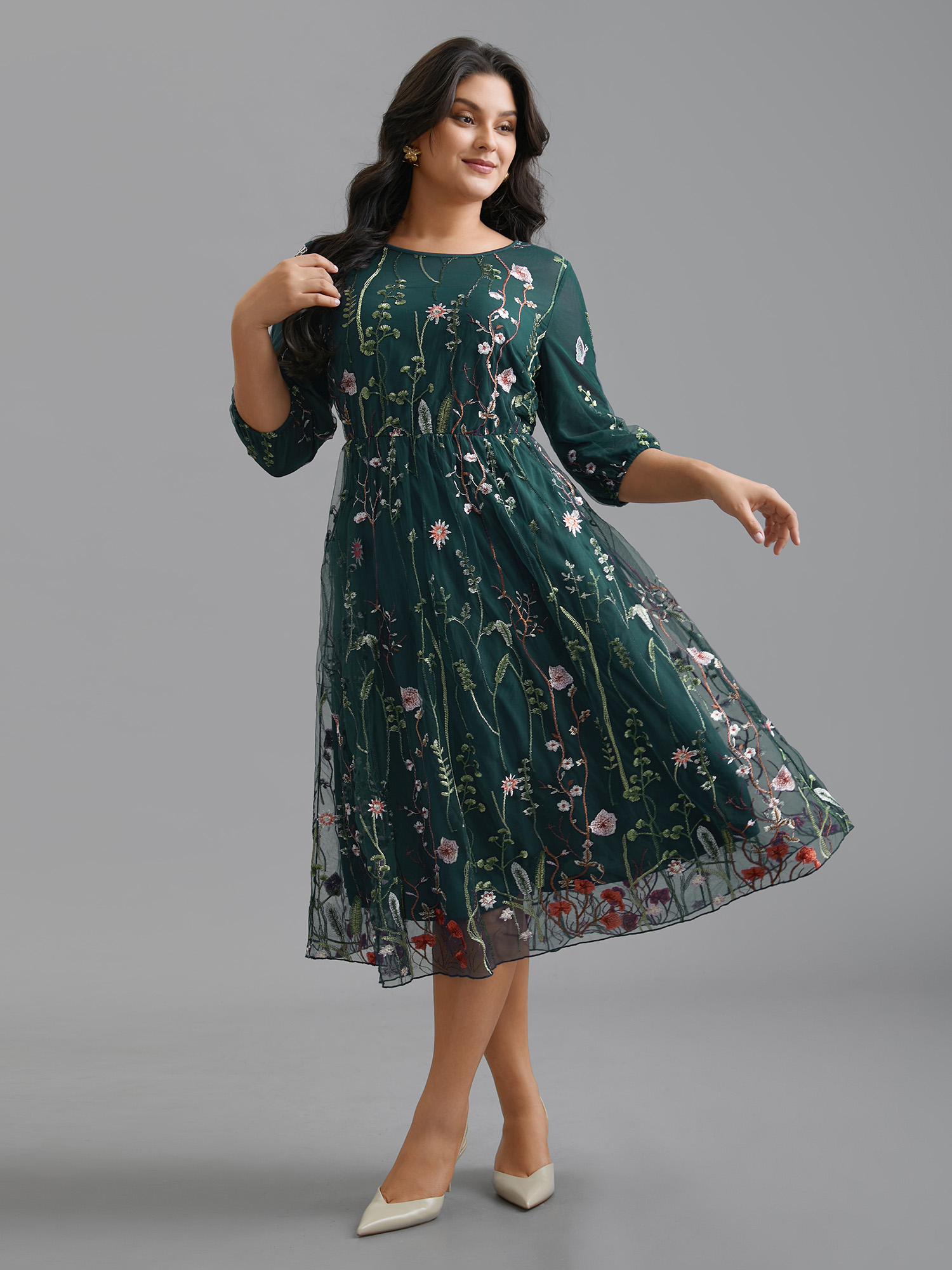 BloomChic Women's Plus Size Floral Embroidered Elastic Waist Lined Midi Dress DarkGreen Party Midi Mesh Panel Round Neck 30/6X-image-48147665453226