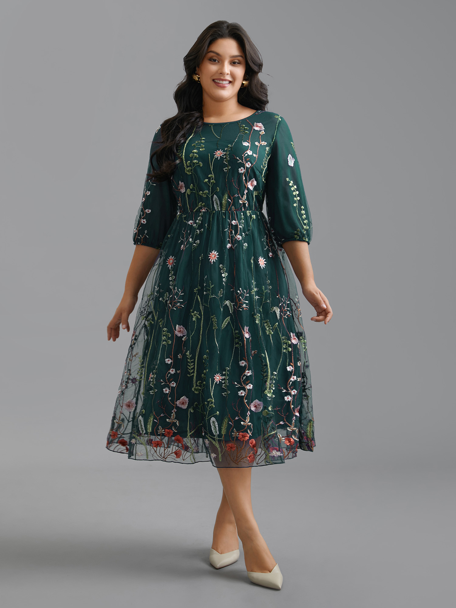Side view of BloomChic Women's Plus Size Floral Embroidered Elastic Waist Lined Midi Dress DarkGreen Party Midi Mesh Panel Round Neck 18-20/2X
