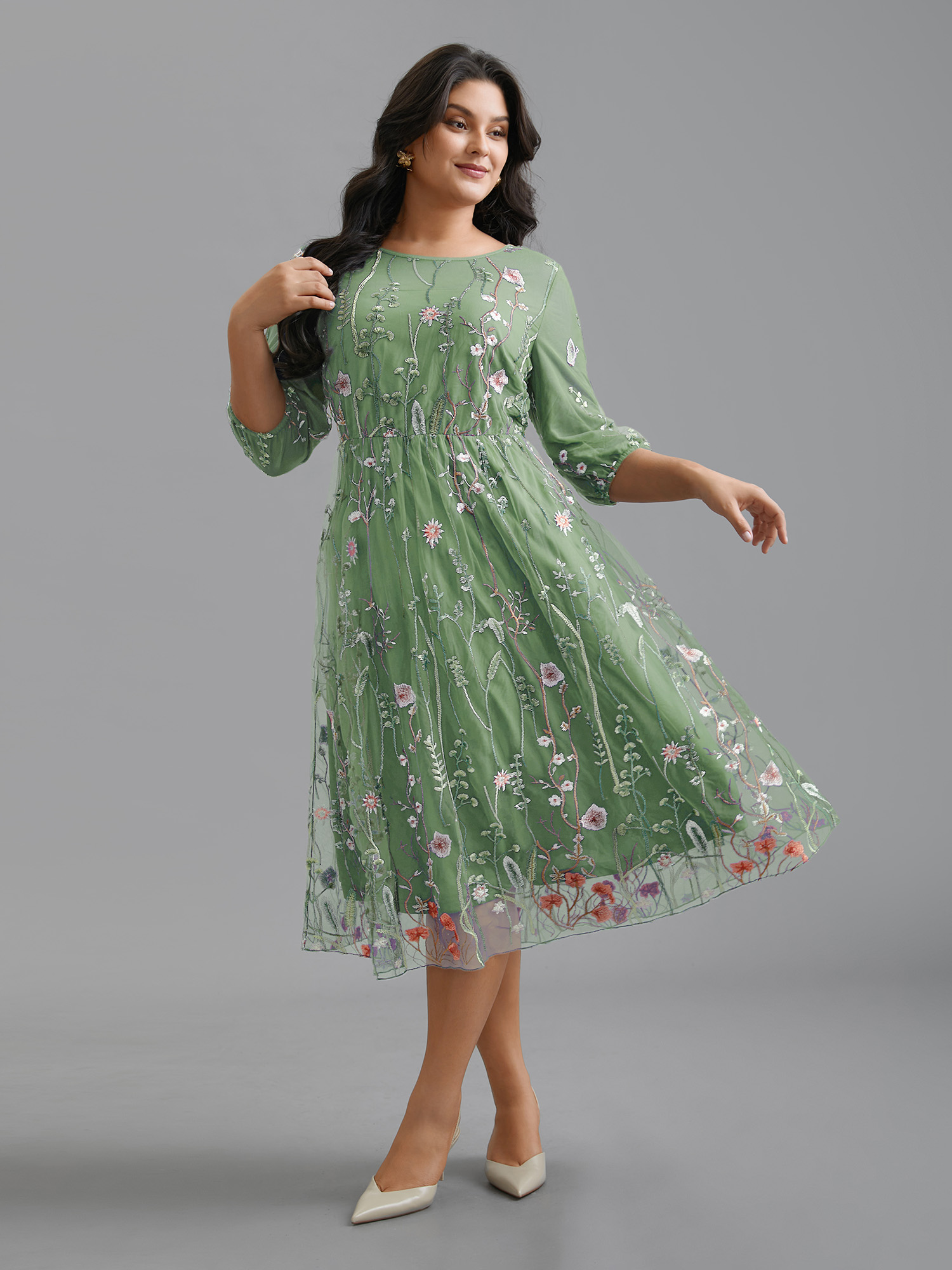 BloomChic Women's Plus Size Floral Embroidered Elastic Waist Lined Midi Dress Greenbean Party Midi Mesh Panel Round Neck 22-24/3X-image-48194839052458