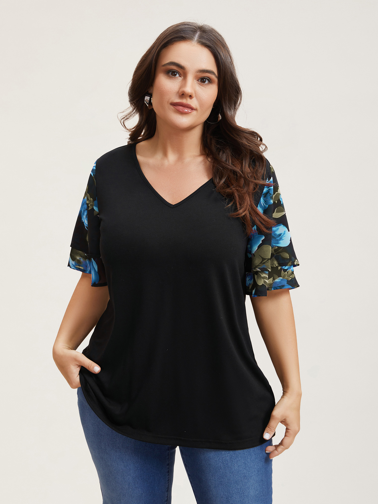 BloomChic Plus Size Stretchy Floral Lotus Sleeve V-Neck T-Shirt - Women's BlackFlower Solid Round Neck Comfort Midsection Fit Long Sleeve Playful T-shirts 14/M