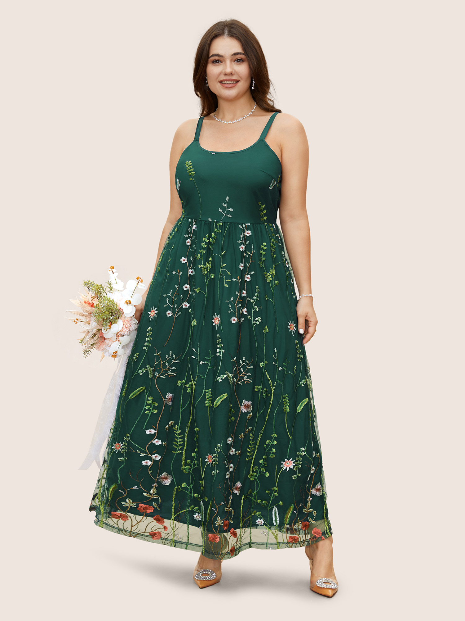 Bloomchic U Neck Floral Embroidered Mesh Cami Dress In Green