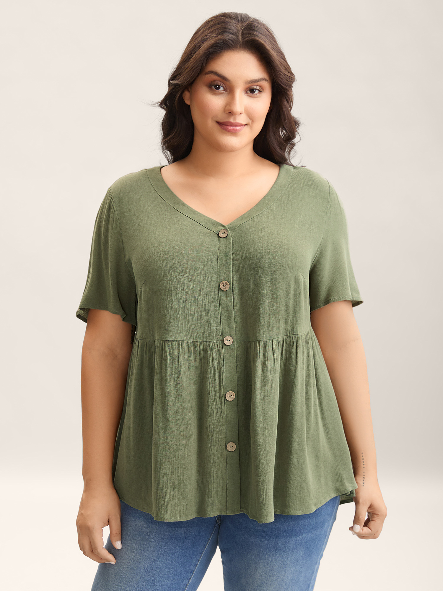 Bloomchic Women's Plus Size Textured Button Placket V-neck Shirt Moss Non Casual Short Sleeve 10/m In Green