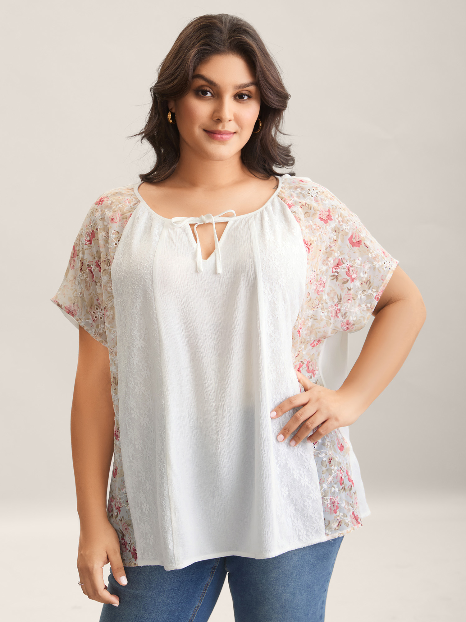 Bloomchic Women's Plus Size Floral Print Panel Sheer Keyhole Blouse Originalwhite Floral Elegant Short Sleeve 