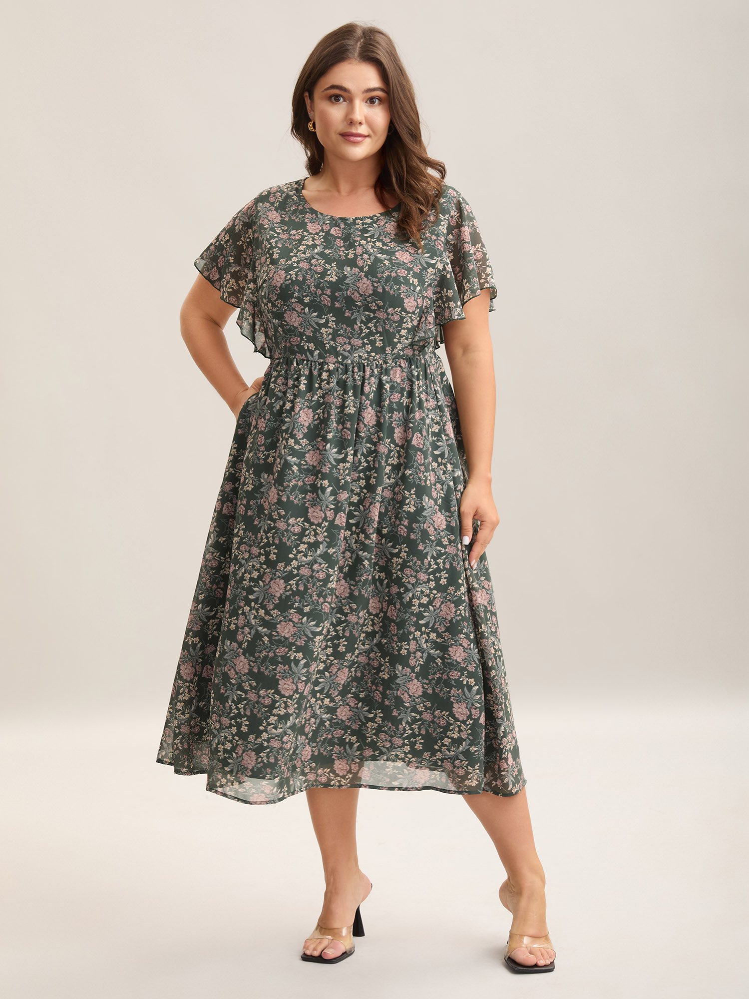 BloomChic Women's Plus Size Chiffon Floral Print Ruffled Midi Dress Greenbean Midi Elegant Ruffles 28/5X
