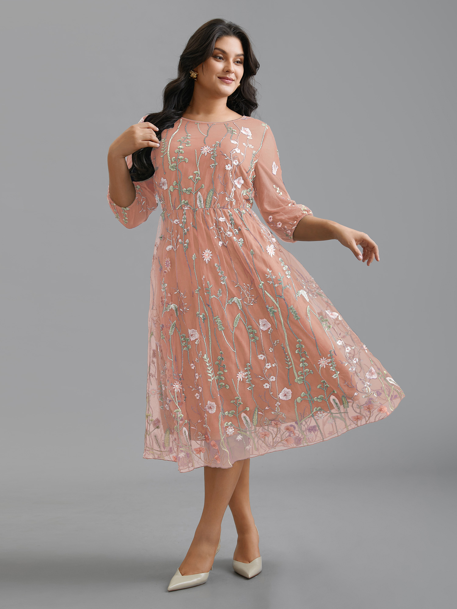 Bloomchic Floral Embroidered Elastic Waist Lined Midi Dress In Blush