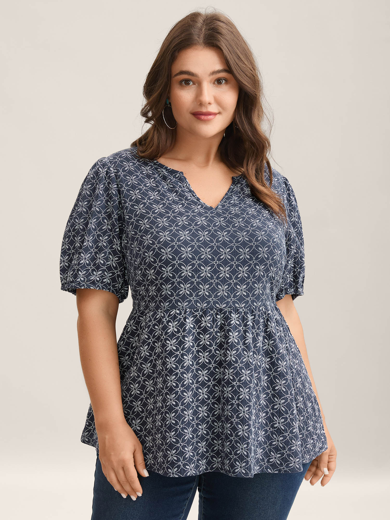 Bloomchic Women's Plus Size Cotton Geometric Print Puff Sleeve Babydoll Top Indigo Geometric Vacation Short Sl In Purple