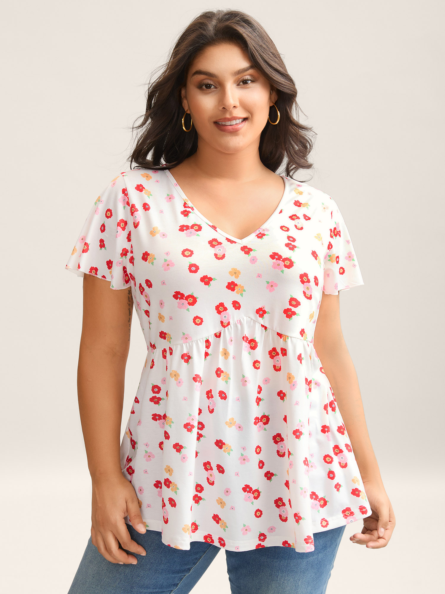BloomChic Women's Plus Size Ditsy Floral Print Sheer Babydoll Top Originalwhite Cap Sleeve Everyday-Casual 12/L