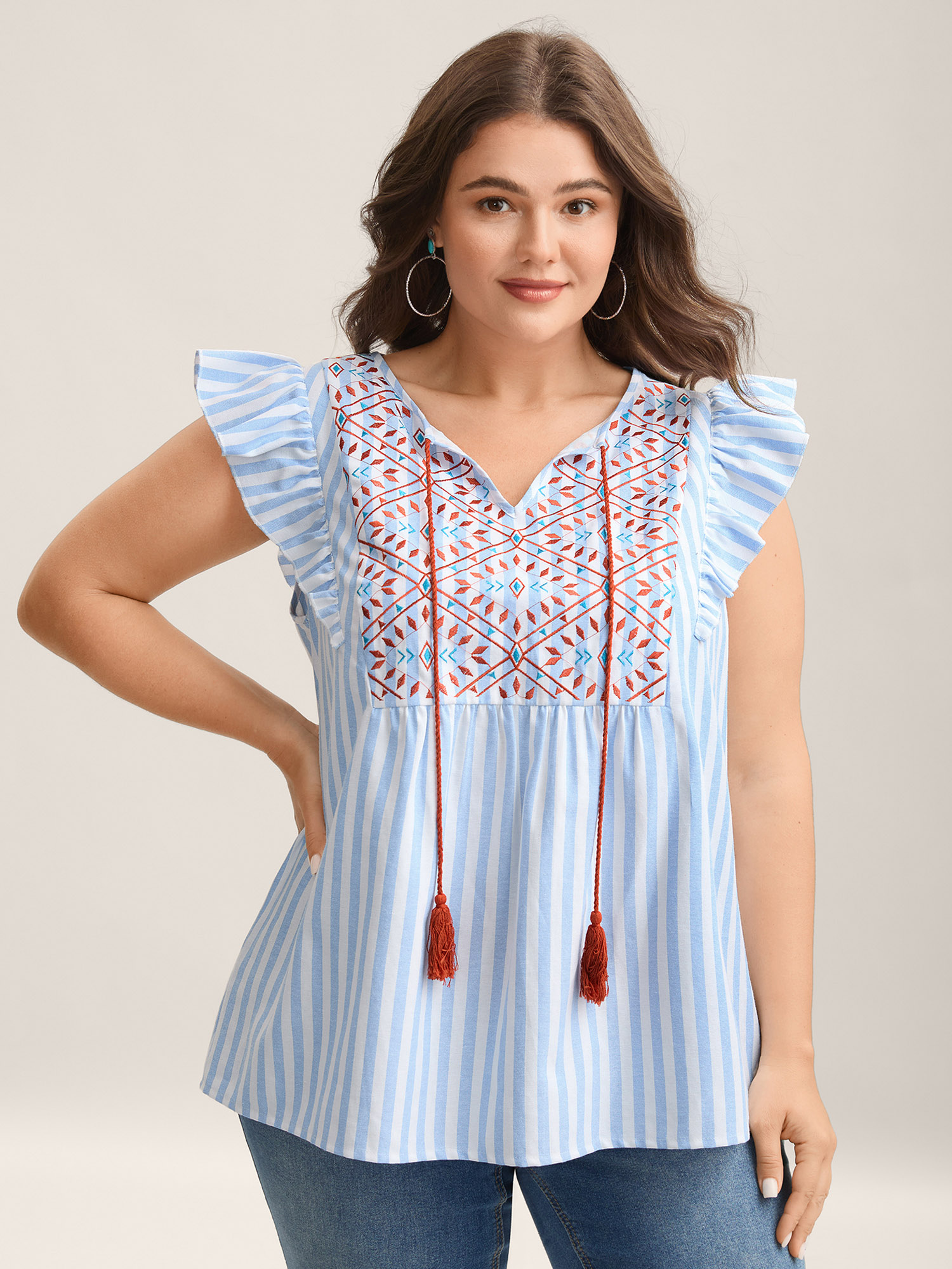 Bloomchic Women's Plus Size Embroidered Stripe Neck Tie Blouse Skyblue Stripes Vacation Cap Sleeve 14-16/1x In Blue