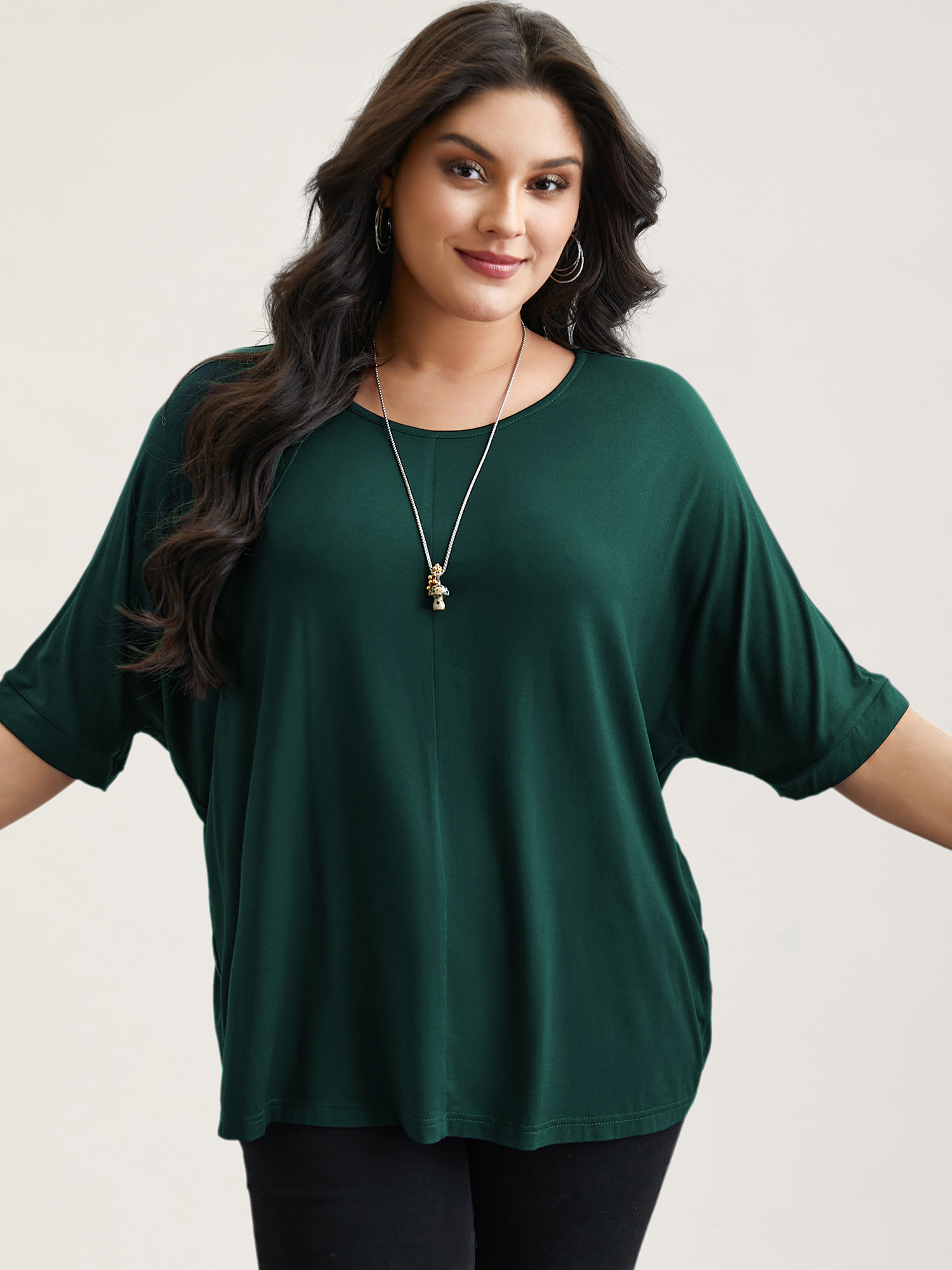 BloomChic Plus Size Supersoft Round Neck Plain T-Shirt - Women's Dark Green Solid Round Neck Comfort Midsection Fit Long Sleeve Playful T-shirts 16/L