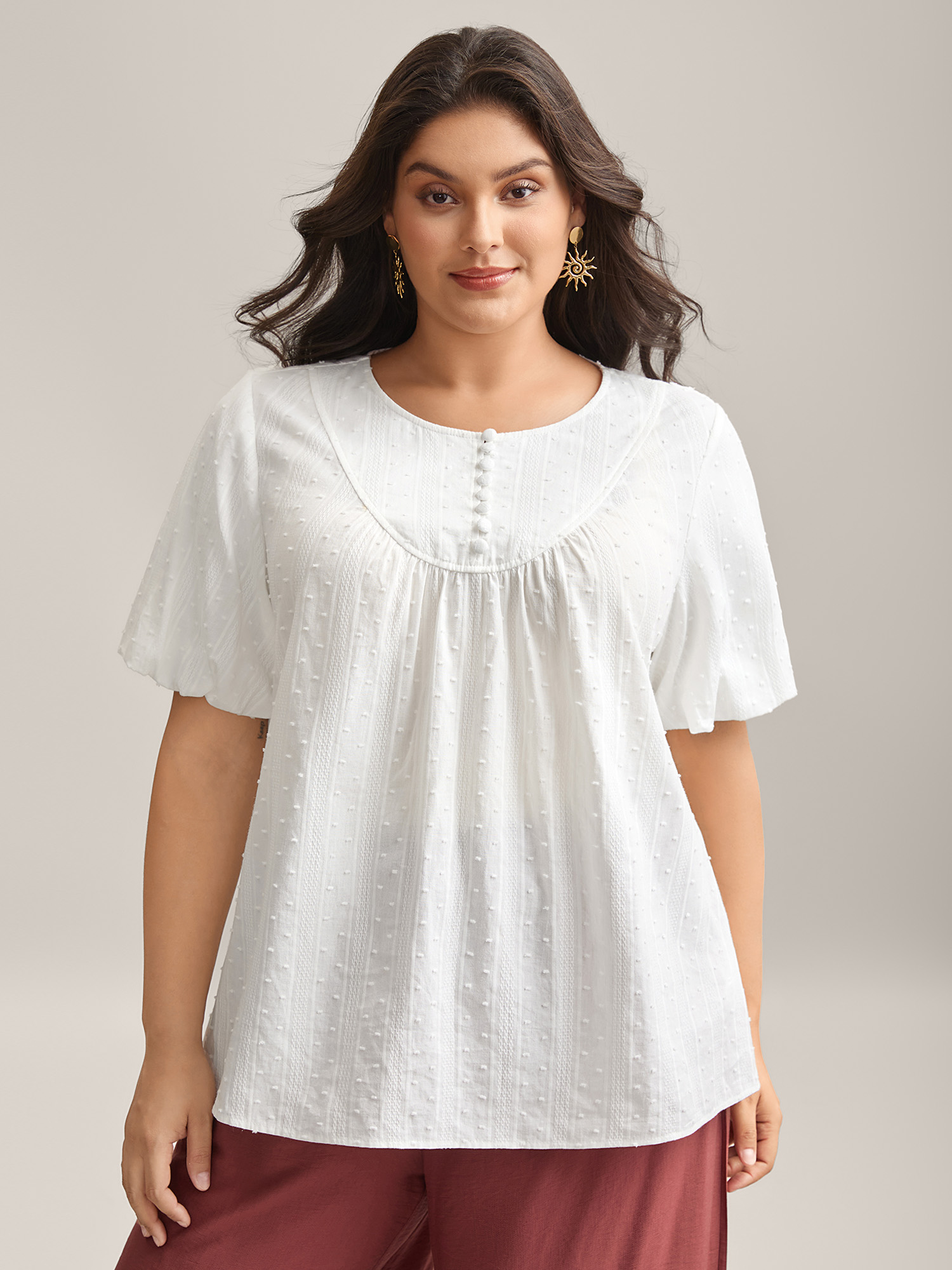 Bloomchic Women's Plus Size Pure Cotton Puff Sleeve Button Blouse Whitesmoke Non Vacation Half Sleeve 14-16/1x