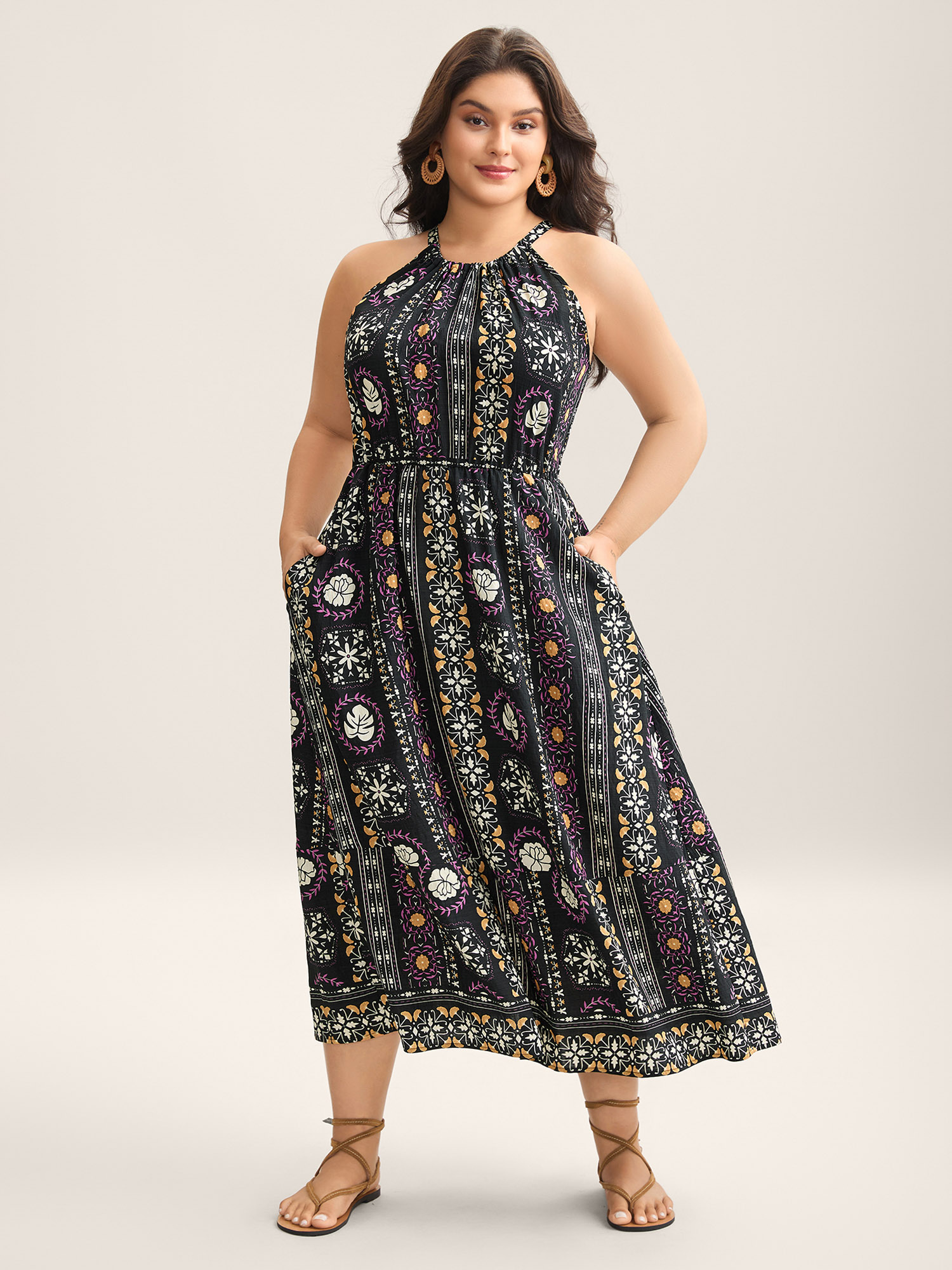 BloomChic Women's Plus Size Rayon Tropical Boho Print Stretchy Midi Dress BlackFlower Ethnic Floral Midi Vacation Non 10/M