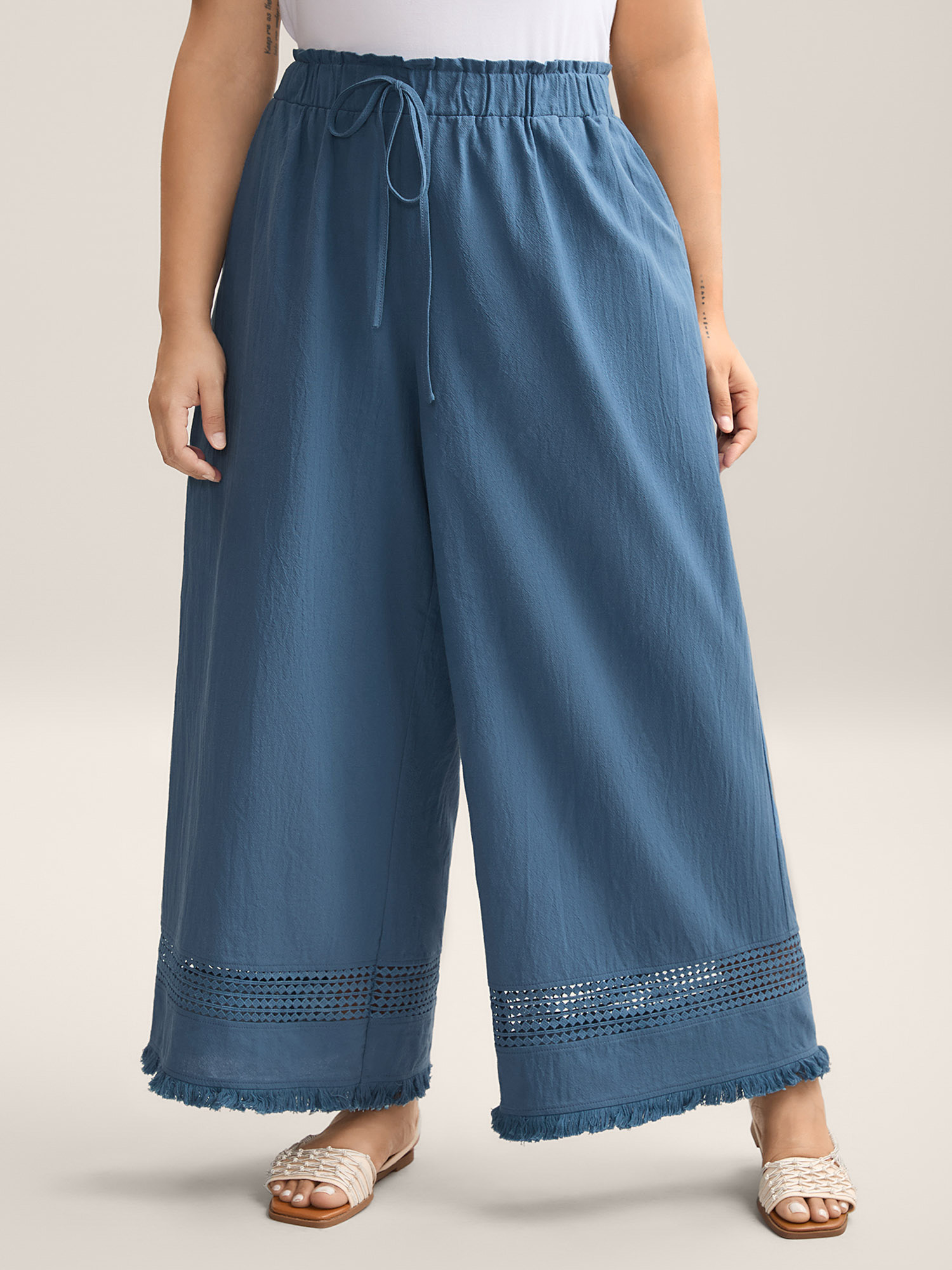 BloomChic Women's Plus Size Cotton Waist-Tie Lace Wide-Leg Pants Blue Yonder Solid Wide leg Mid Rise 10/M