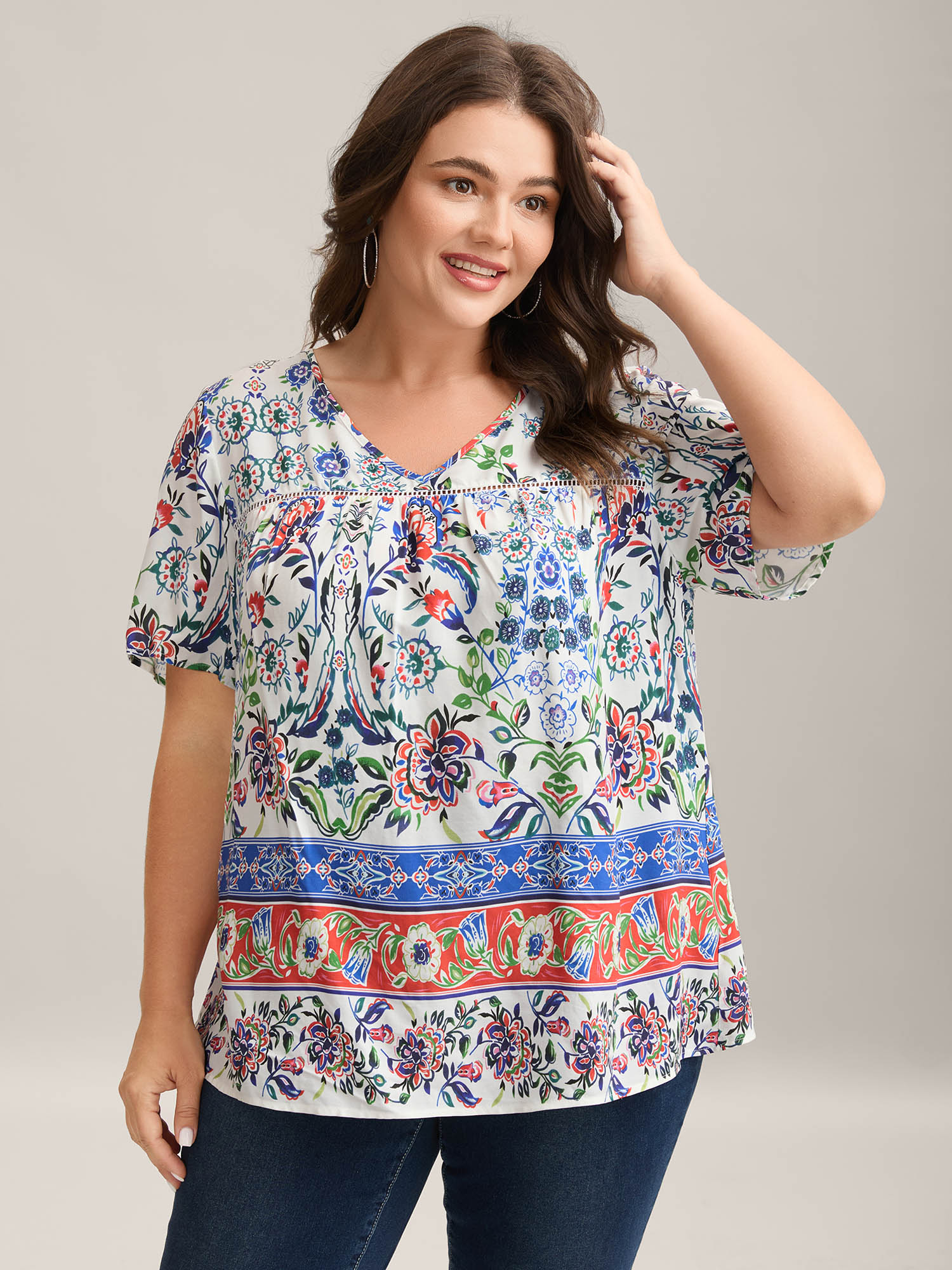 Bloomchic Women's Plus Size Rayon Floral Boho Print Lace Trim Blouse Multicolor Bohemian Print Elegant Short S