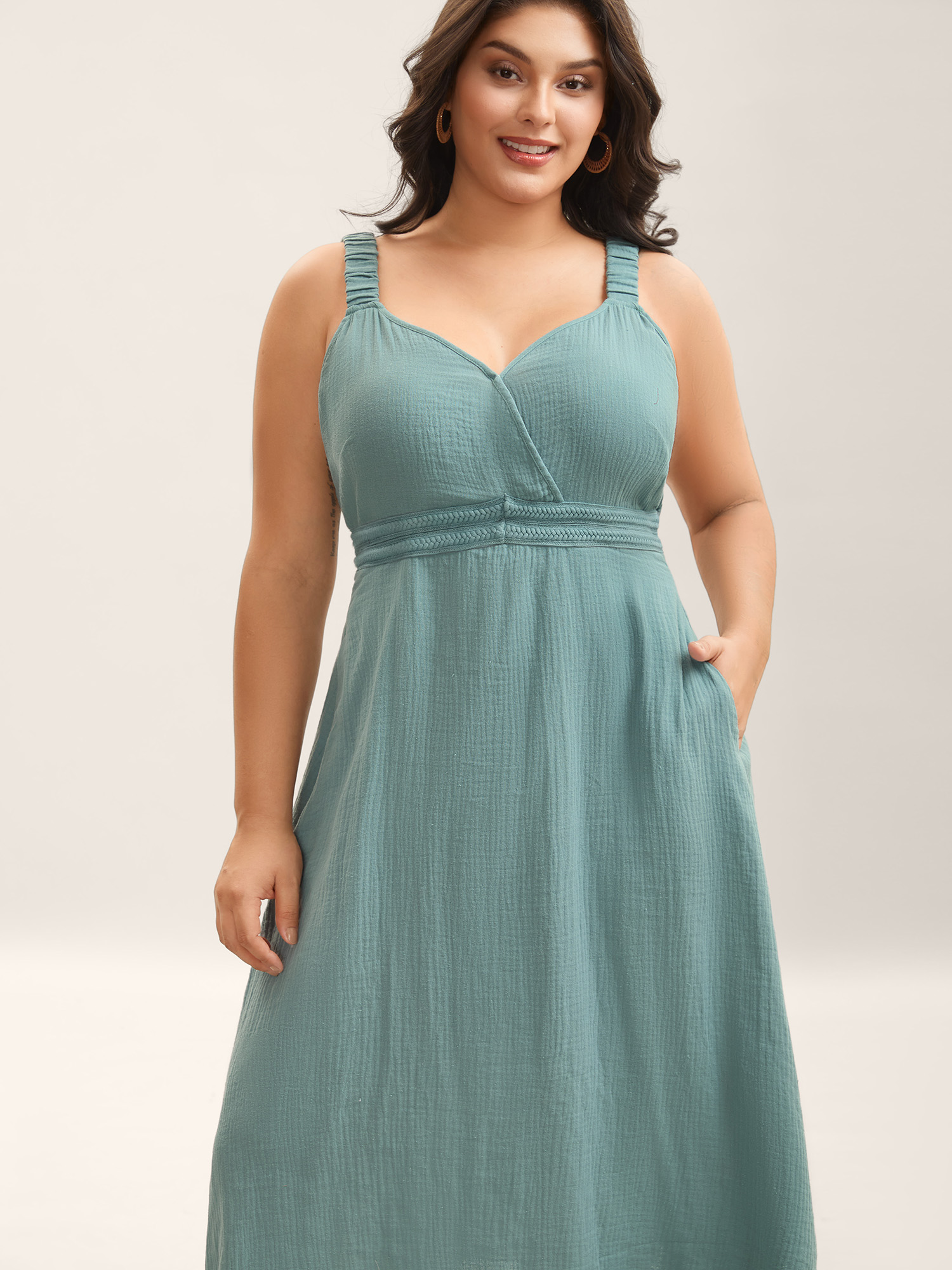 Plus Size Cotton Textured Cinched-Waist A-Line Midi Dress Teal Women V-neck Sleeveless Curvy BloomChic 30/6X