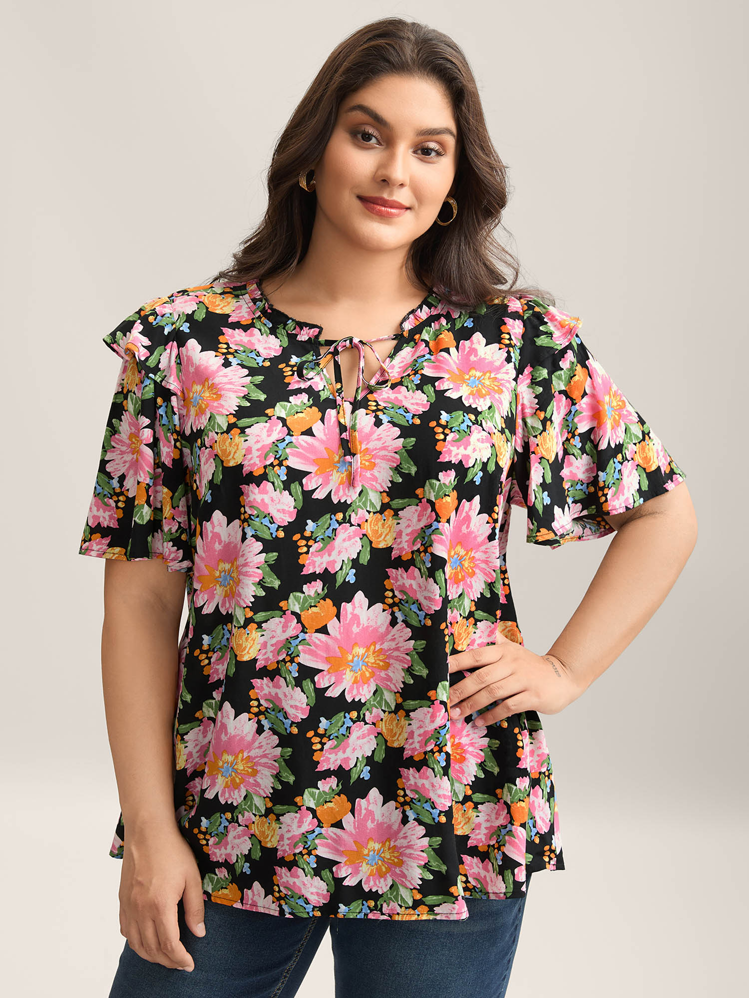 Bloomchic Women's Plus Size Large Flower Print Layered Sleeve Shirt Multicolor Floral Elegant Short Sleeve 22-