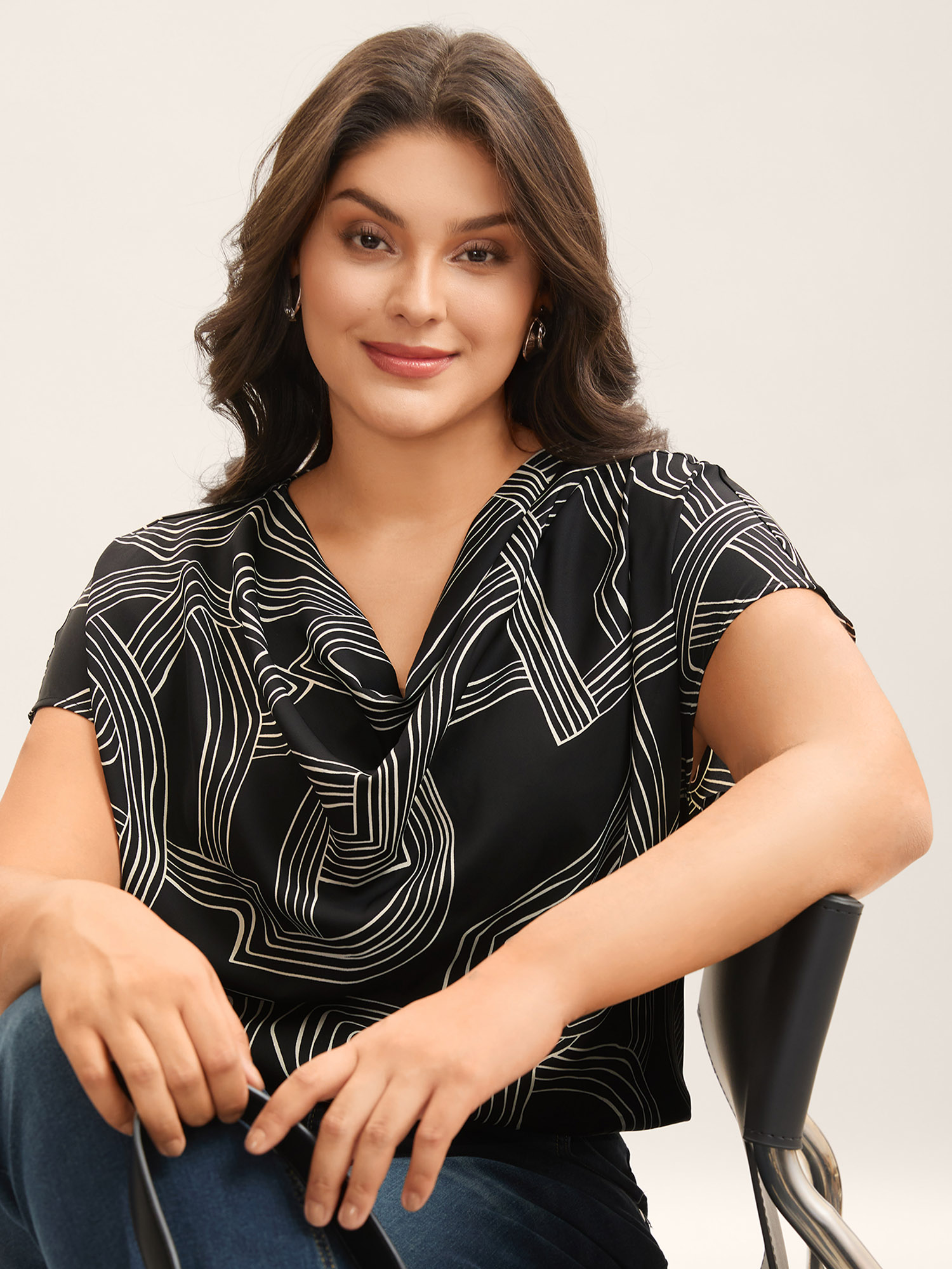 Bloomchic Women's Plus Size Abstract Print Cowl Neck Blouse Black Geometric Office Short Sleeve 26/4x
