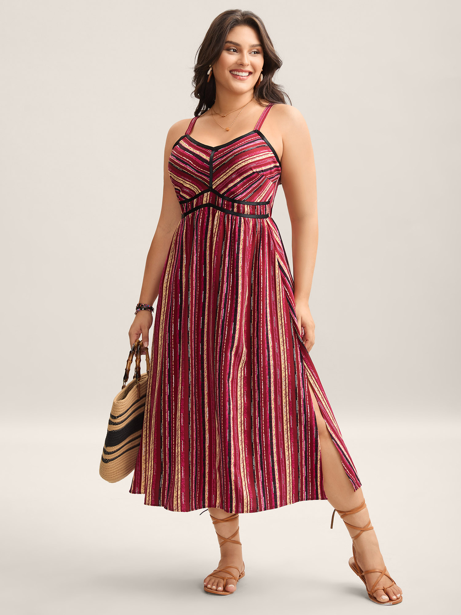 BloomChic Women's Plus Size Colorful Stripes Spliced Cami Midi Dress Burgundy Stripes Midi Vacation Smocked 28/5X