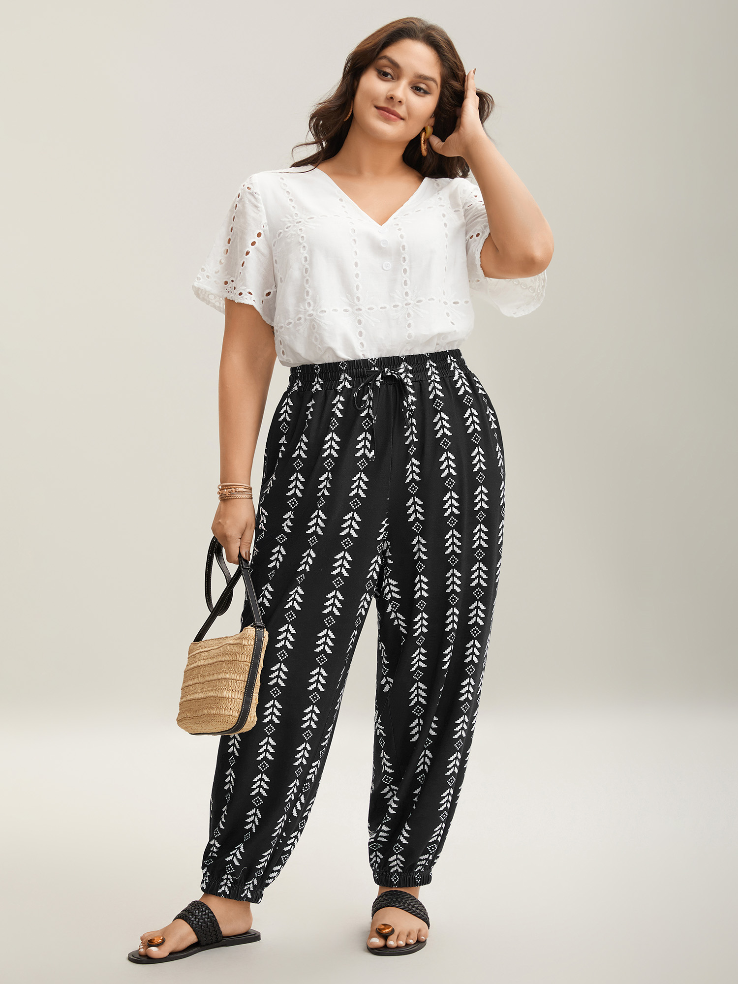 Bloomchic Boho Geometric Print Stretchy Waist Pants In Black