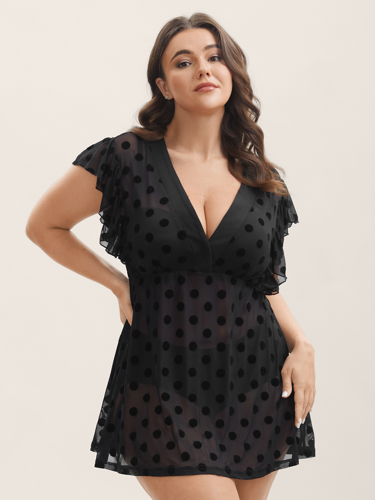 BloomChic Women's Plus Size Polka Dot Mesh Ruffle Cap Sleeve Nightgown Black Cap Sleeve Mini Deep V-Neck 18-20/2X-image-47634063720618