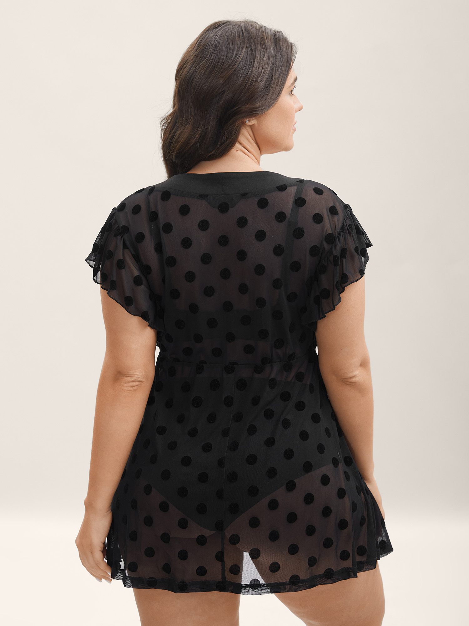 Side view of BloomChic Women's Plus Size Polka Dot Mesh Ruffle Cap Sleeve Nightgown Black Cap Sleeve Mini Deep V-Neck 26/4X