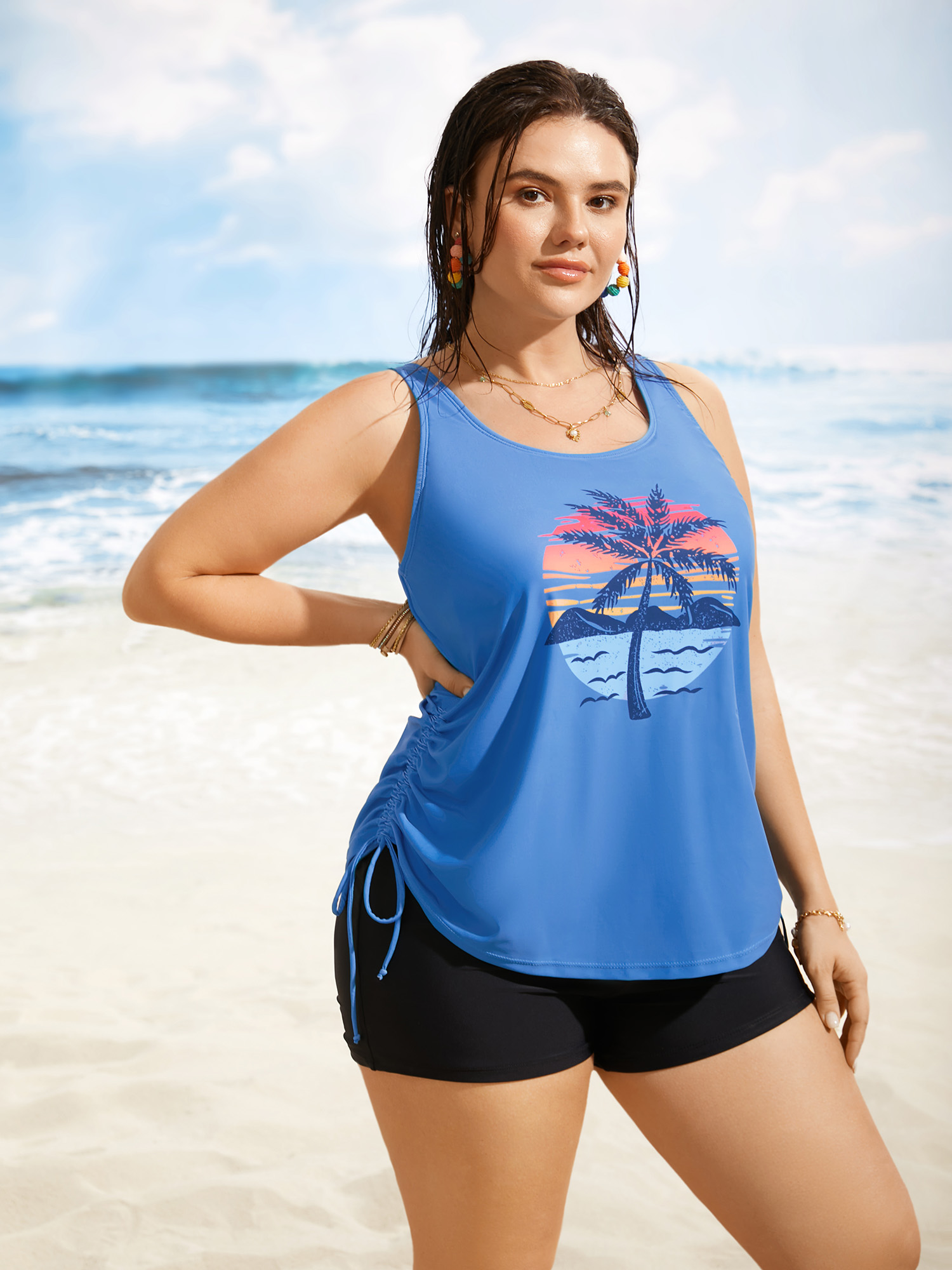 BloomChic Women's Plus Size Island Print Drawstring Adjustable Swim Top Skyblue Tropical Sleeveless Ruched Bust Support 10/M
