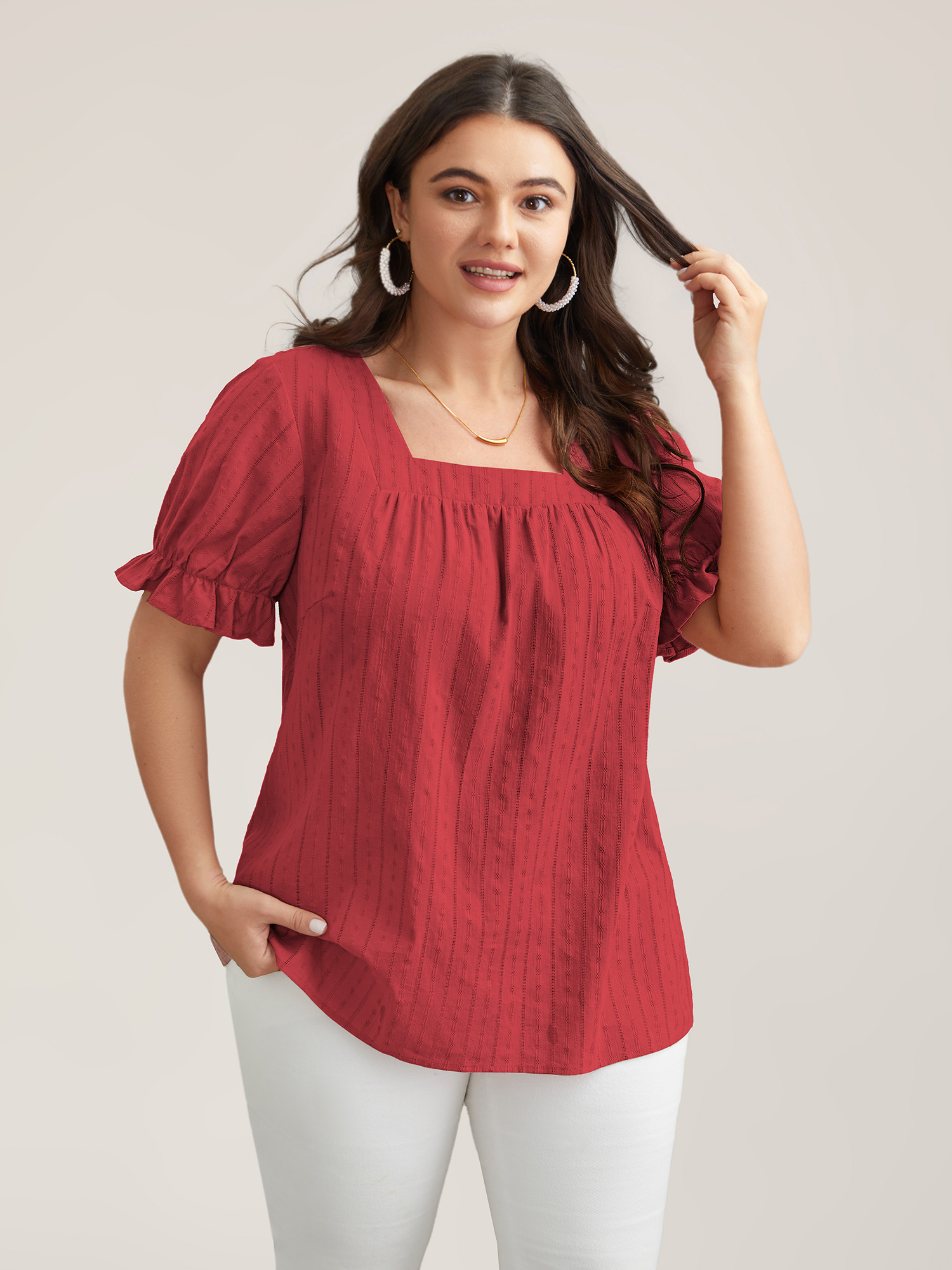 BloomChic Women's Plus Size Cotton Square Neck Ruffled Sleeve Blouse Pompeiam Red Solid Everyday-Elegant Short sleeve Square Neck 10/M