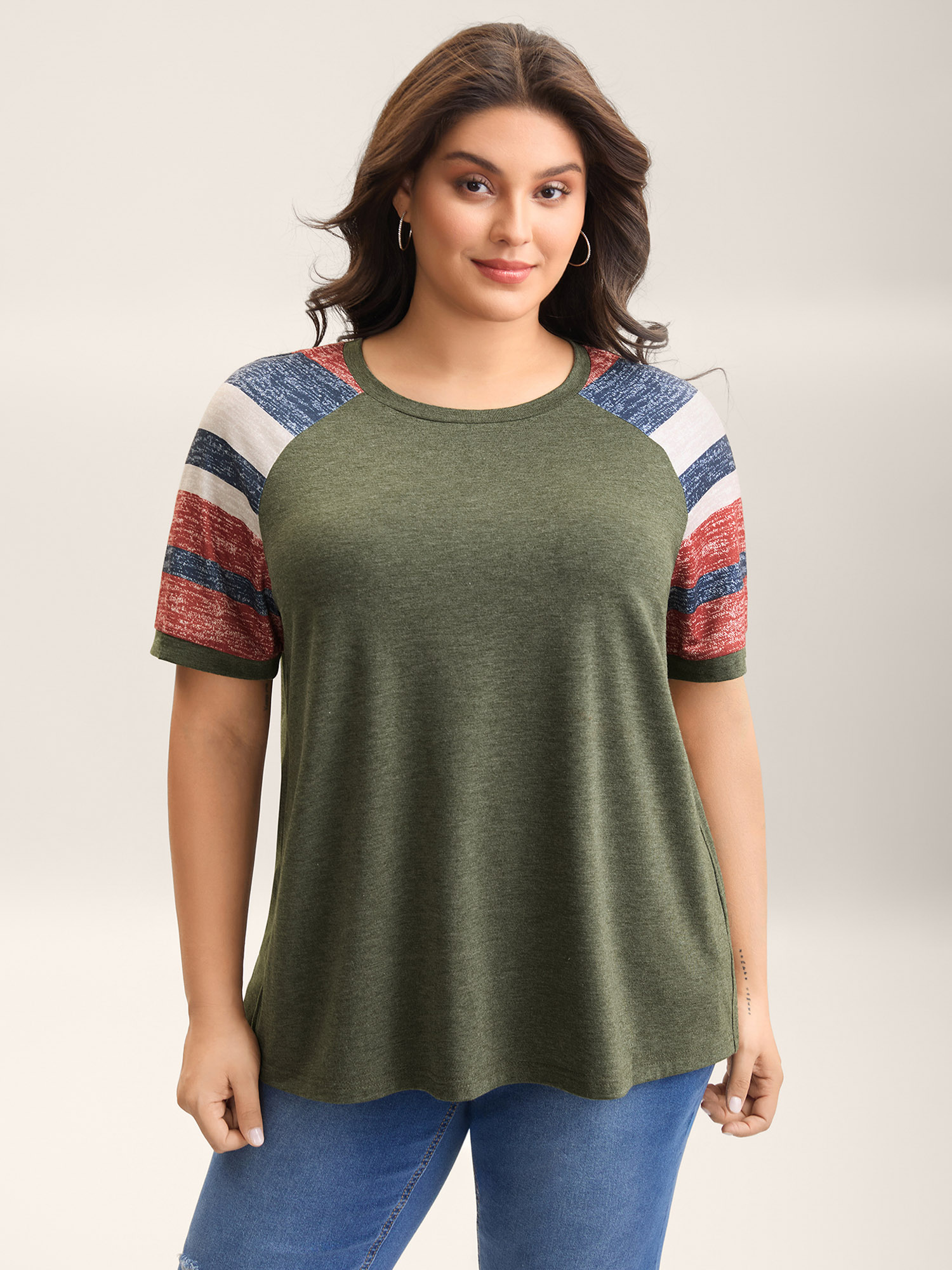 Bloomchic Women's Plus Size Striped Raglan Sleeve Plain T-shirt Armygreen Else Casual Short Sleeve Round Neck 