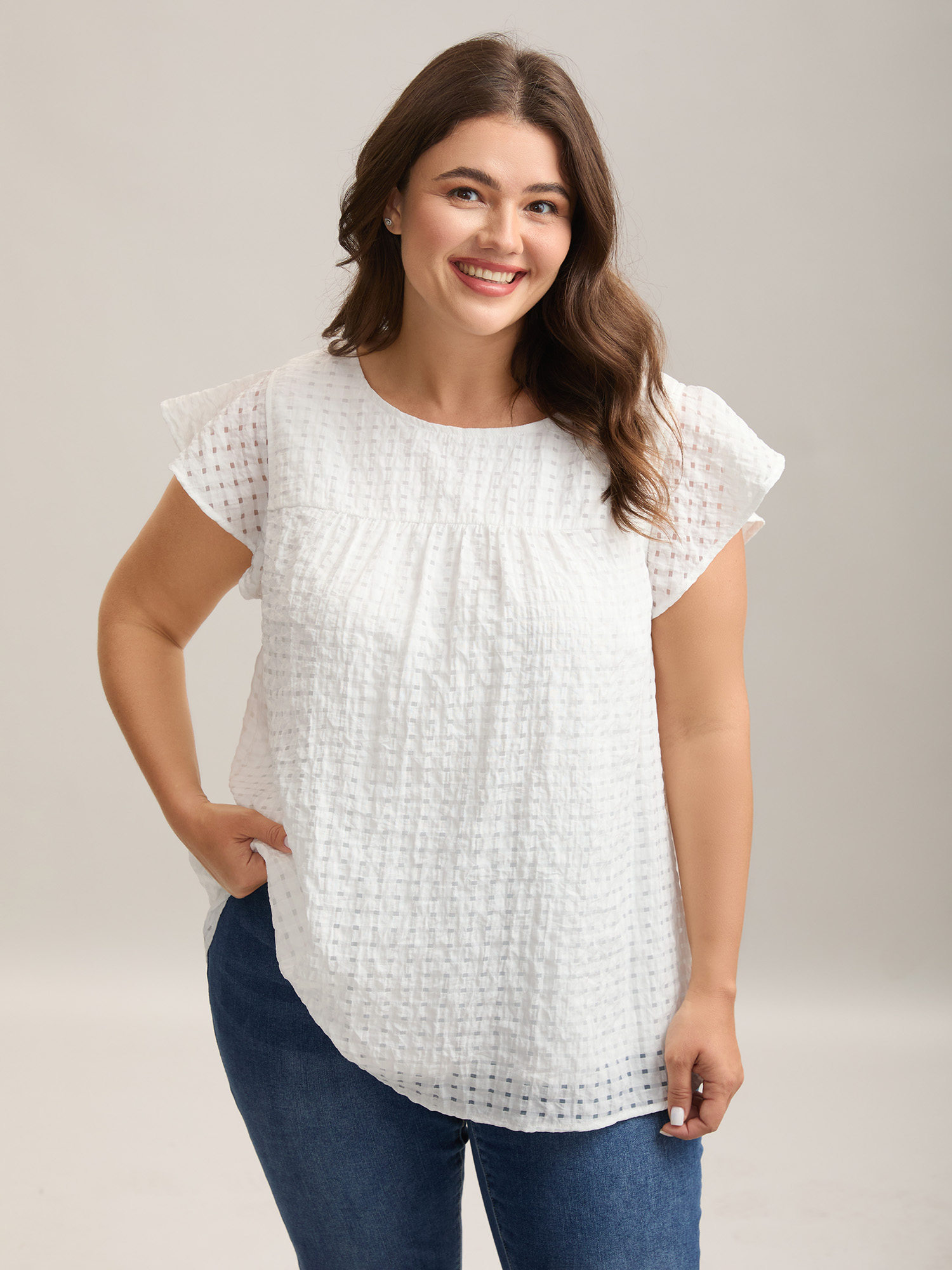 BloomChic Women's Plus Size Textured Sheer Lined Flutter Sleeve Blouse Brilliant White Solid Everyday-Casual Short sleeve Round Neck 22-24/3X