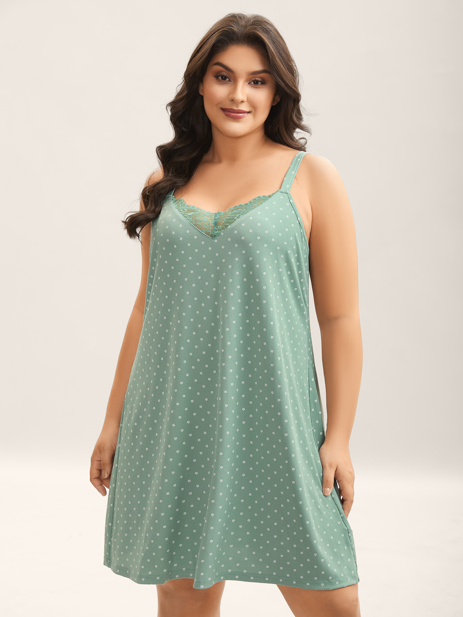Plus Size Lace Neck Polka Dots Textured Loungewear Women Greenbean V-neck Loungewear BloomChic 22-24/3X